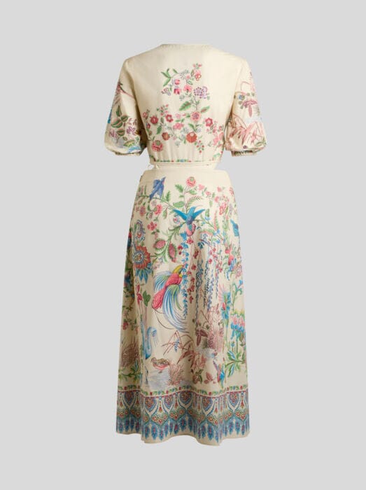 fringe dresses for women Etro // Midi Cut Out Dress With Wrap Top / Print & White Base