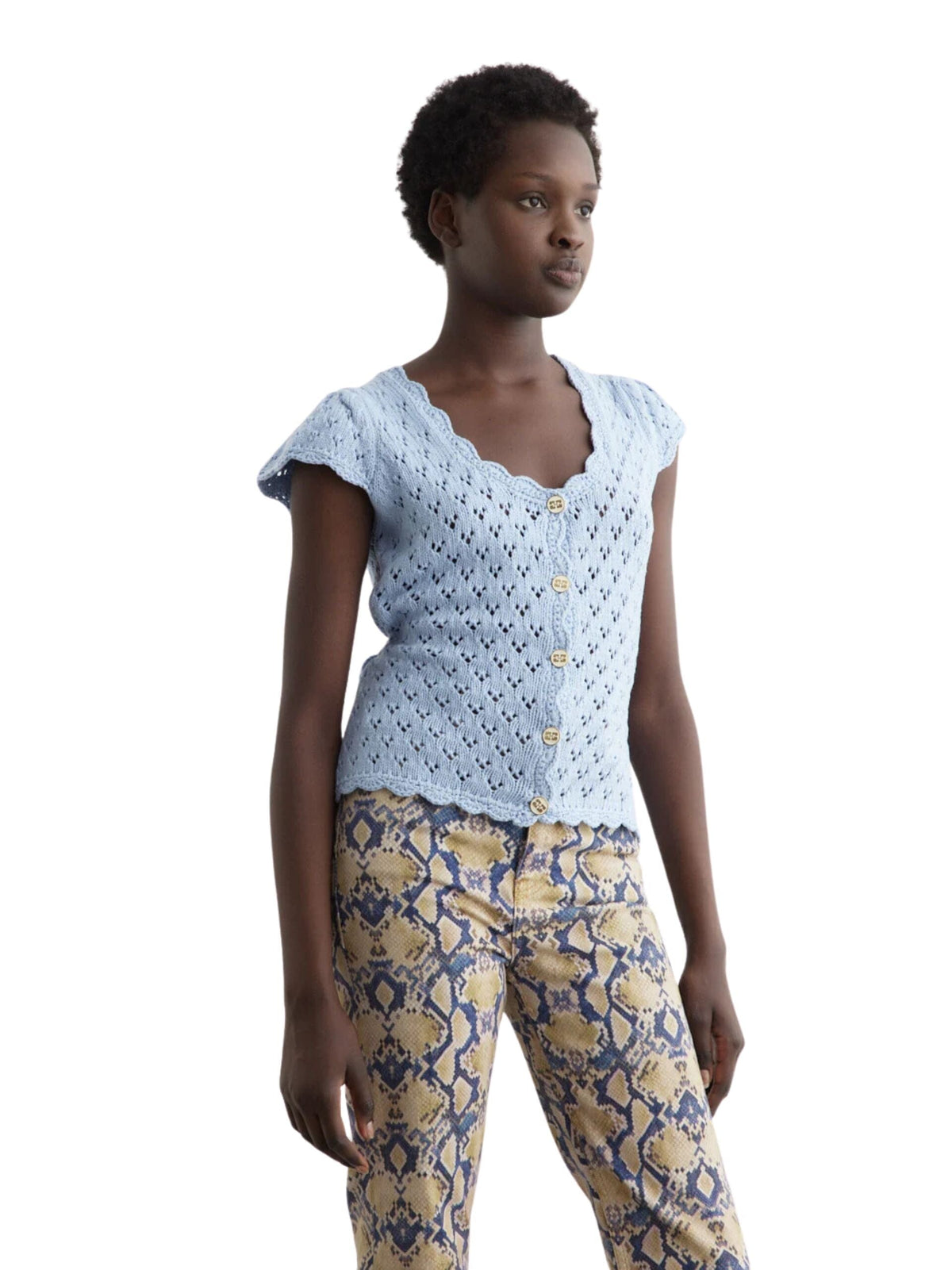 Cotton Lace Short Sleeve Cardigan / Powder Blue Womens GANNI 