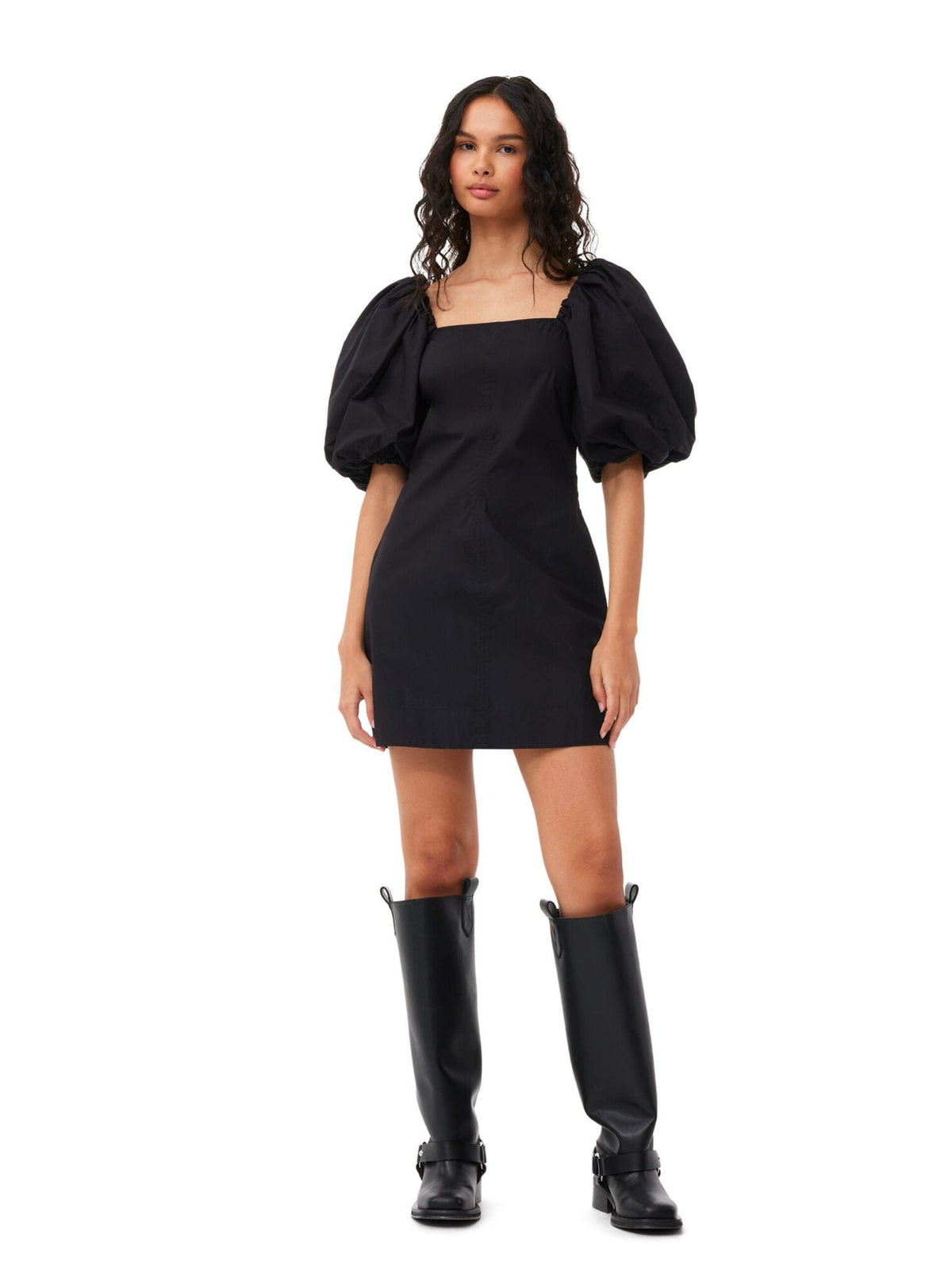 Cotton Poplin Twisted Sleeve Mini Dress / Black Womens GANNI 