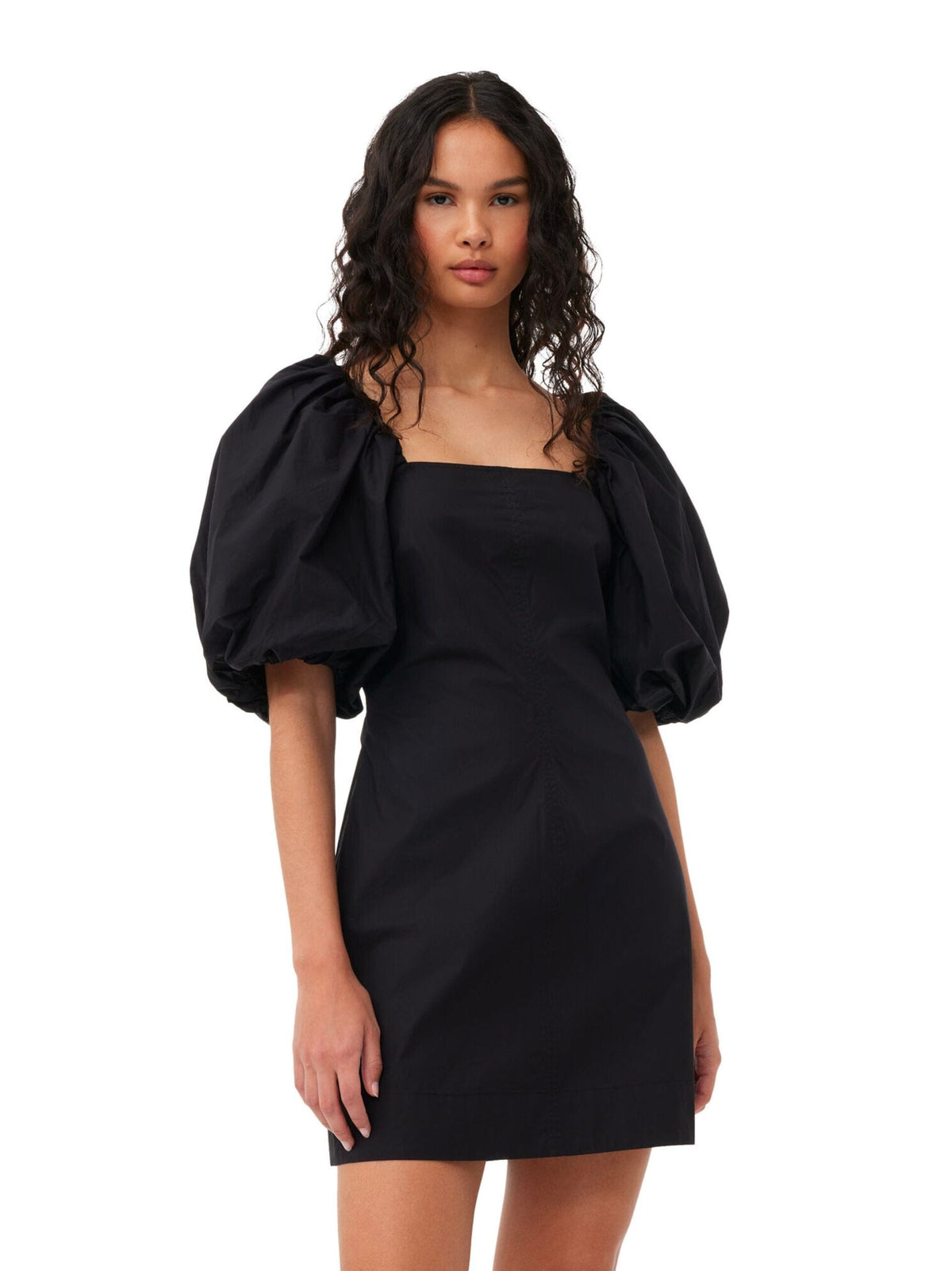 Cotton Poplin Twisted Sleeve Mini Dress / Black Womens GANNI 