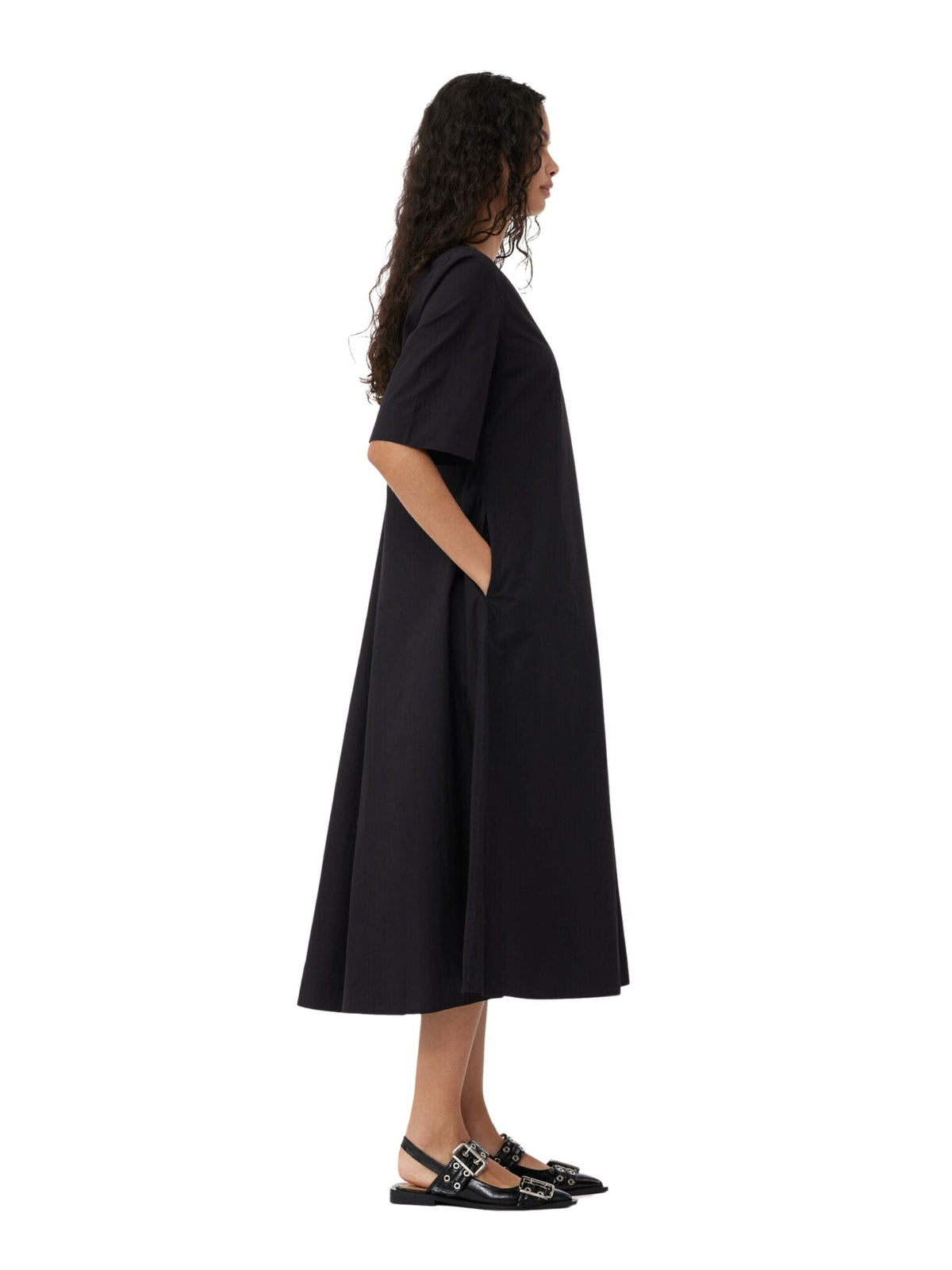 Cotton Poplin V-Neck Long Dress / Black Womens GANNI 