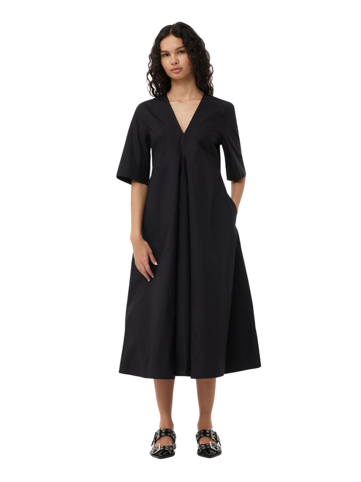 Cotton Poplin V-Neck Long Dress / Black Womens GANNI 