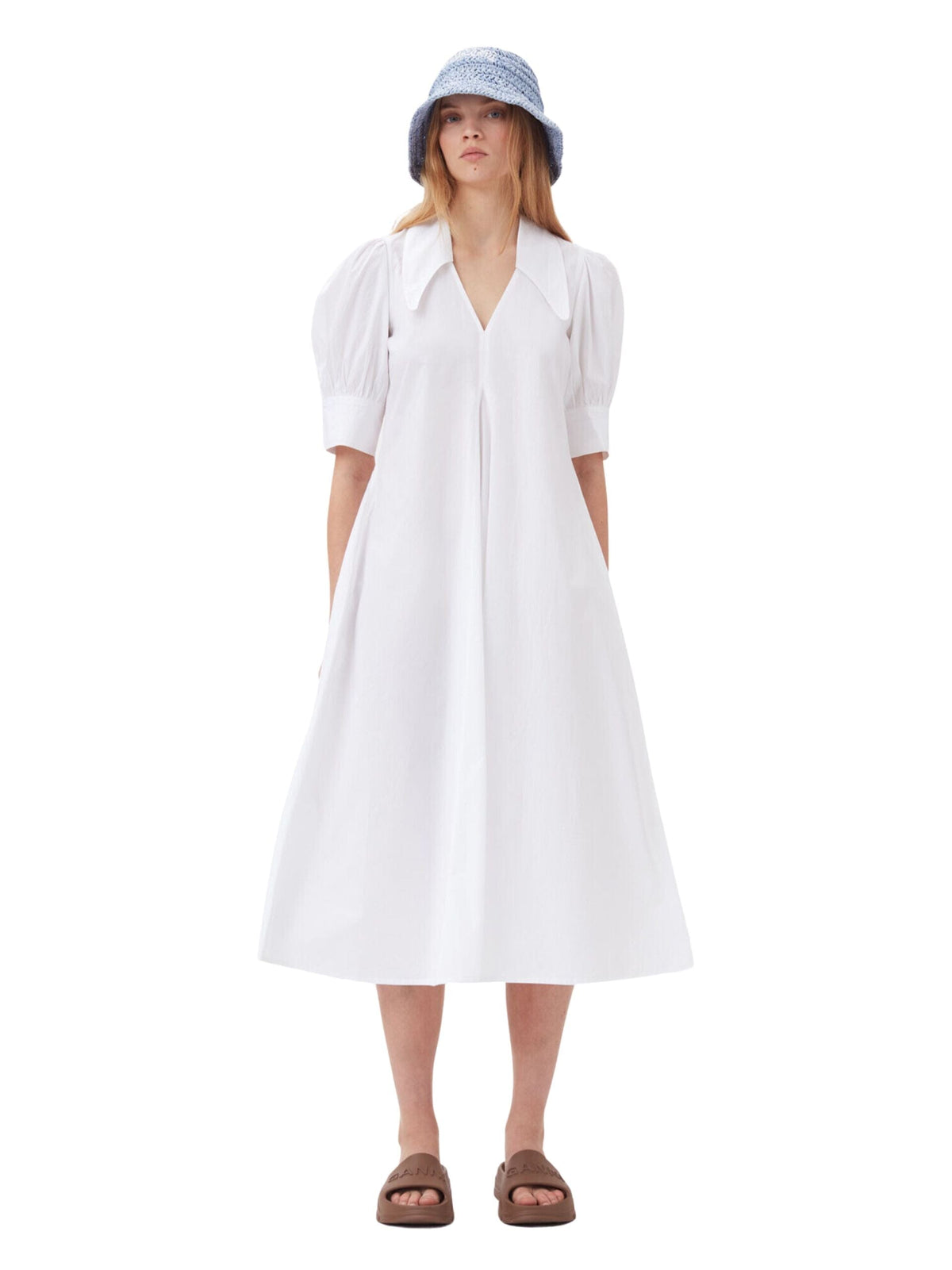 Cotton Poplin V-Neck Maxi Dress / Bright White Womens GANNI 