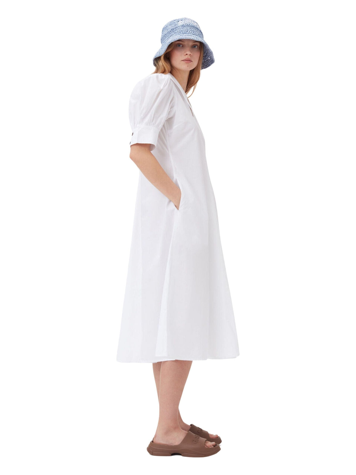 Cotton Poplin V-Neck Maxi Dress / Bright White Womens GANNI 