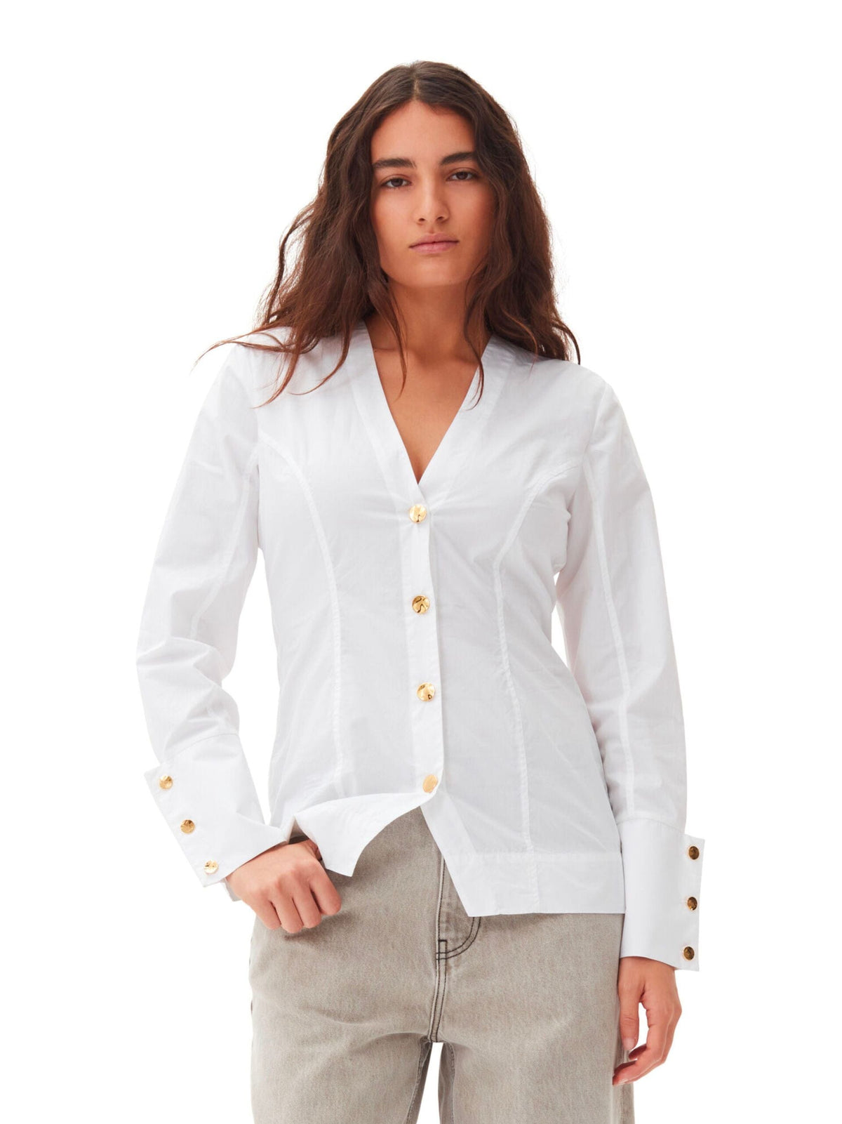 Cotton Poplin V-neck Shirt / Bright White Womens GANNI 