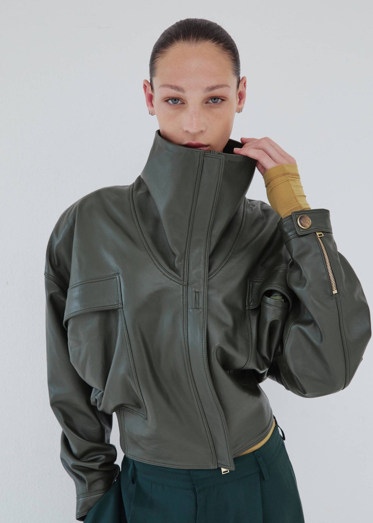 Darkpark // Brianna High Collar Leather Jacket / Forest Green Womens Darkpark 