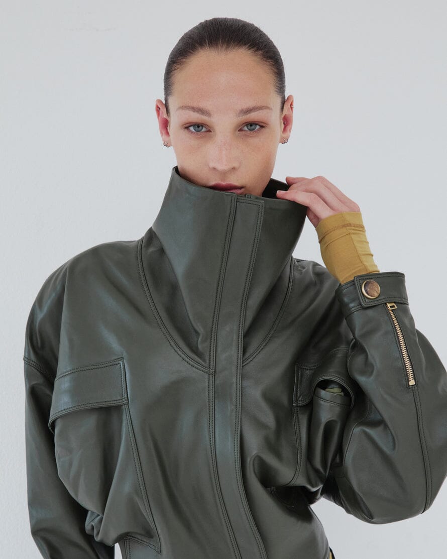DARKPARK // Brianna High Collar Leather Jacket / Forest Green Womens Darkpark 