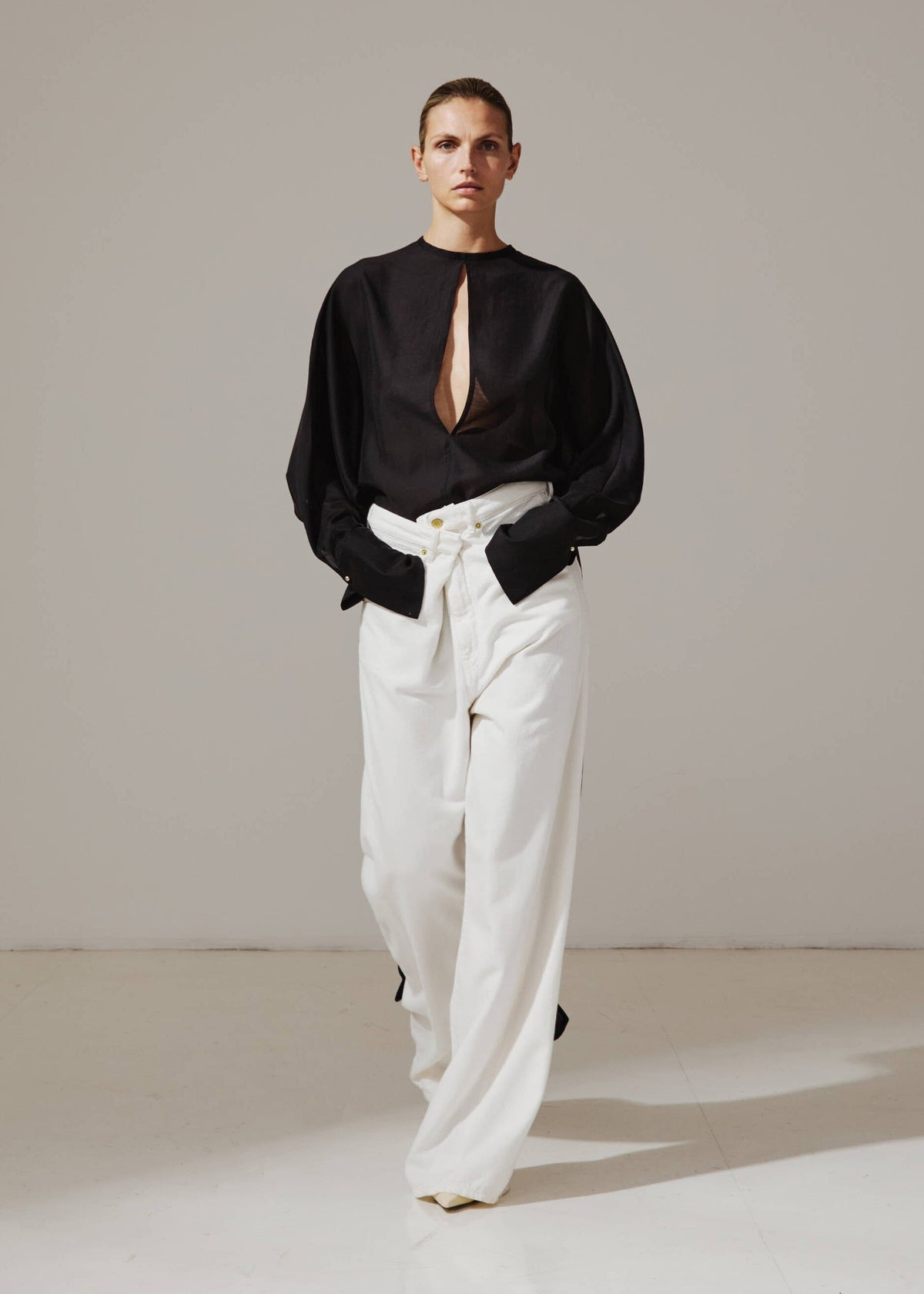 Darkpark // Ines Fold Over Tencel Denim Trousers / Washed White Womens Darkpark 