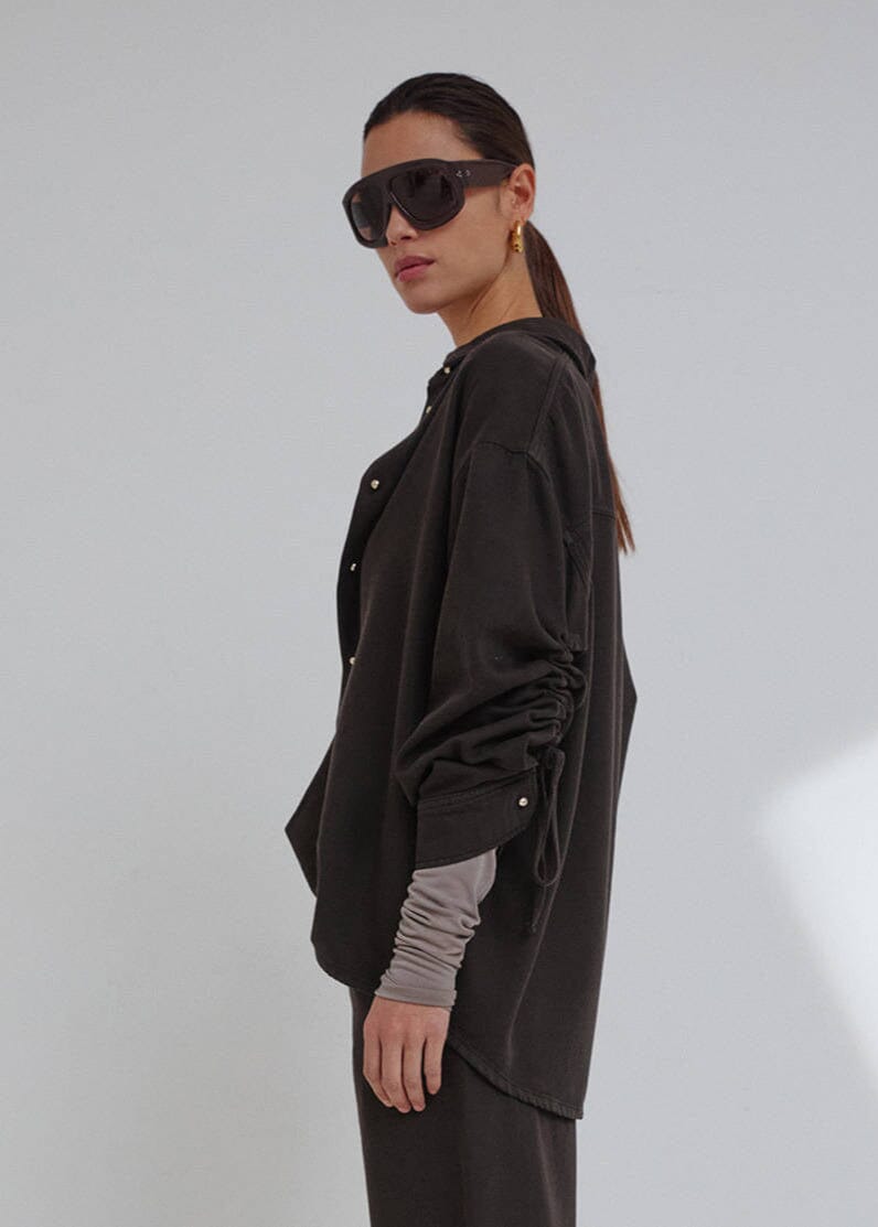 Darkpark // Keanu Tencel Denim Rouche Shirt / Dark Brown Womens Darkpark 