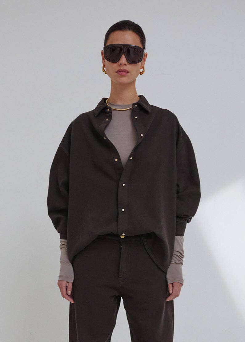 Darkpark // Keanu Tencel Denim Rouche Shirt / Dark Brown Womens Darkpark 