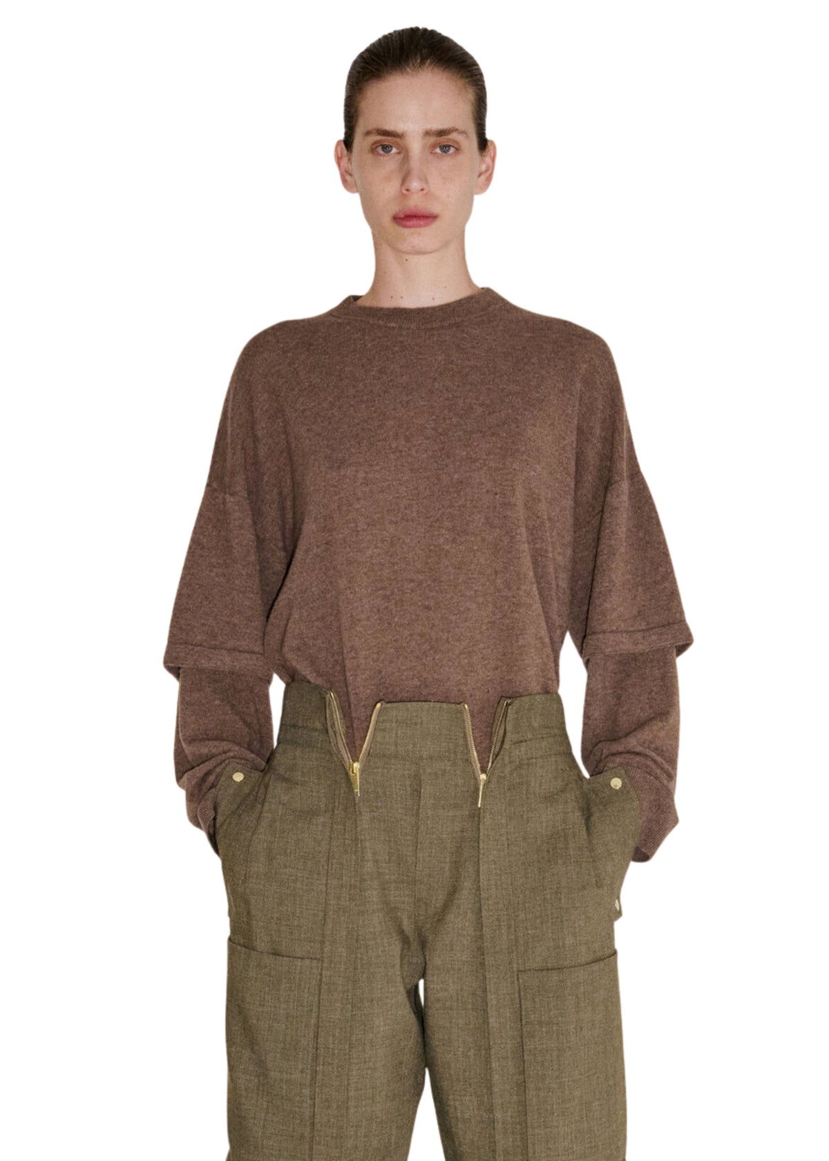 Darkpark // Troy Cashmere Wool Knit Double Sleeve Tee / Brown Womens Darkpark 