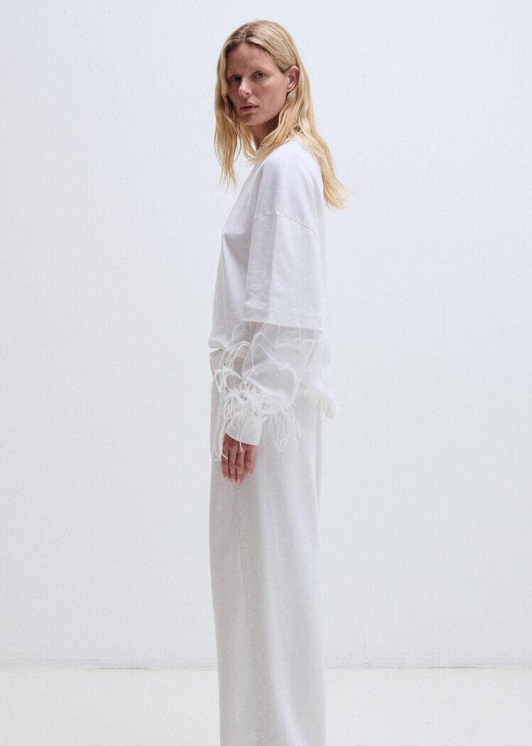 Darkpark // Troy Double Sleeve T-Shirt With Feathers / White Womens Darkpark 