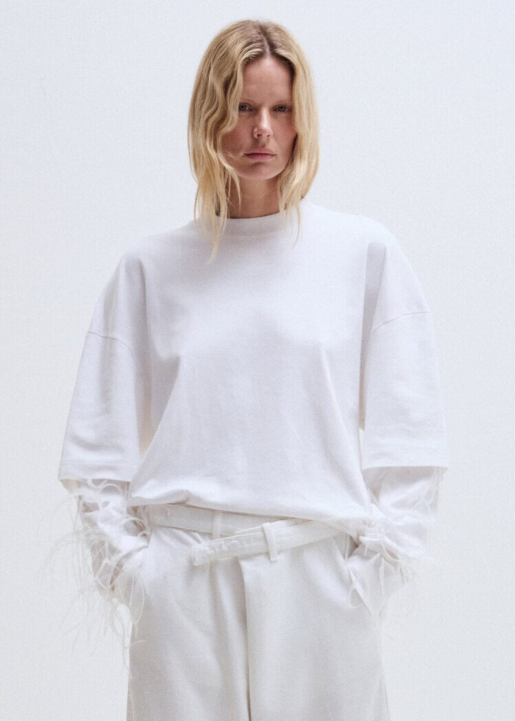 Darkpark // Troy Double Sleeve T-Shirt With Feathers / White Womens Darkpark 