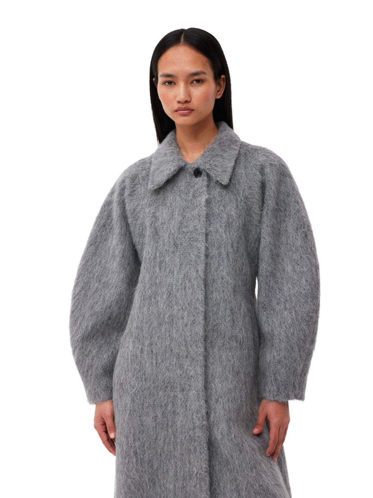 Fluffy Wool Curved Sleeve Coat / Frost Gray Womens GANNI 