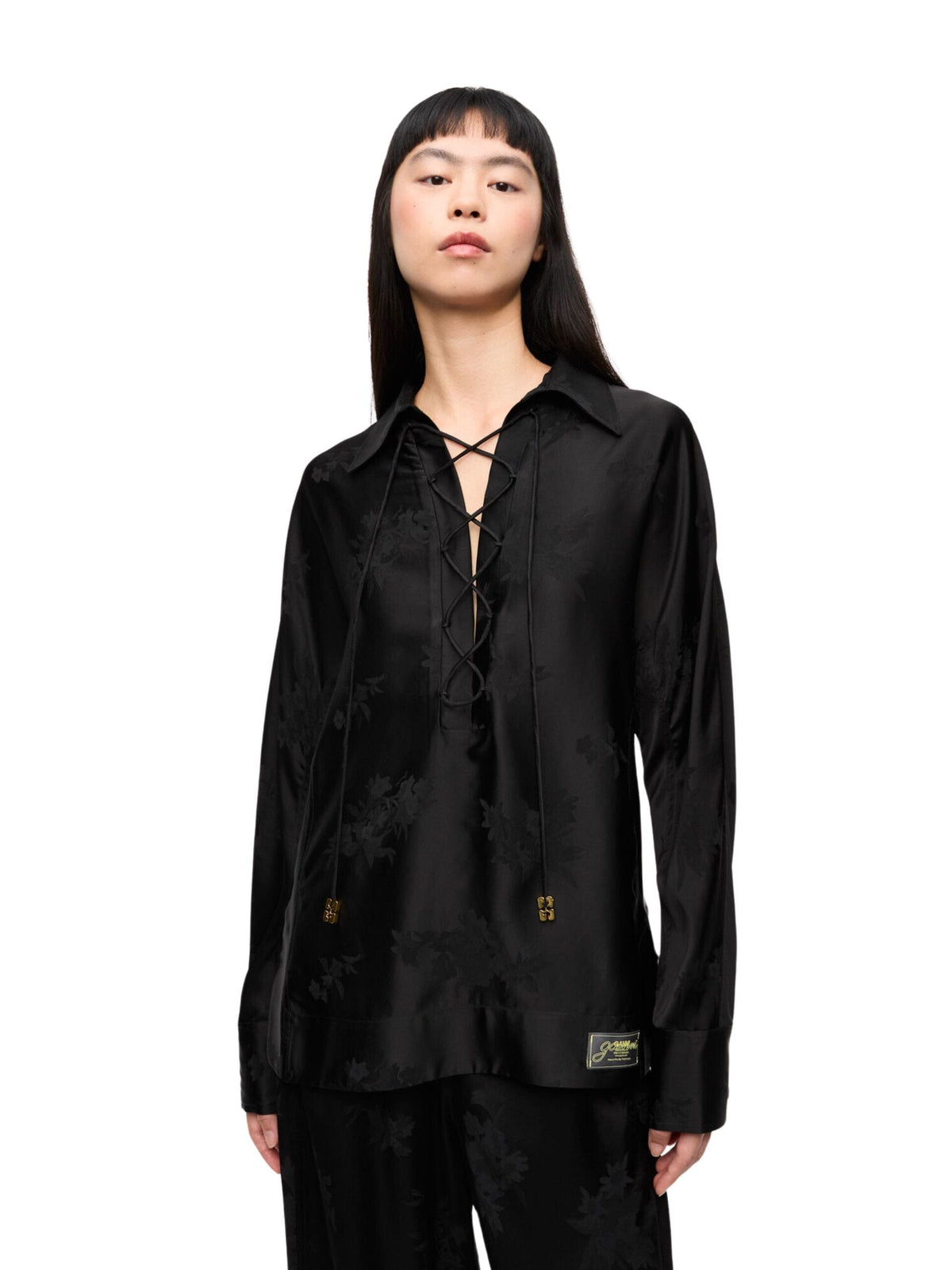 Fluid Satin Jacquard Tie String Raglan Shirt / Black Womens GANNI 