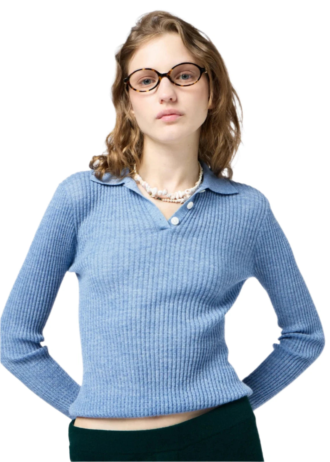 Guest In Residence // Long Sleeve Shrunken Polo / Heather Blue Womens Guest In Residence 