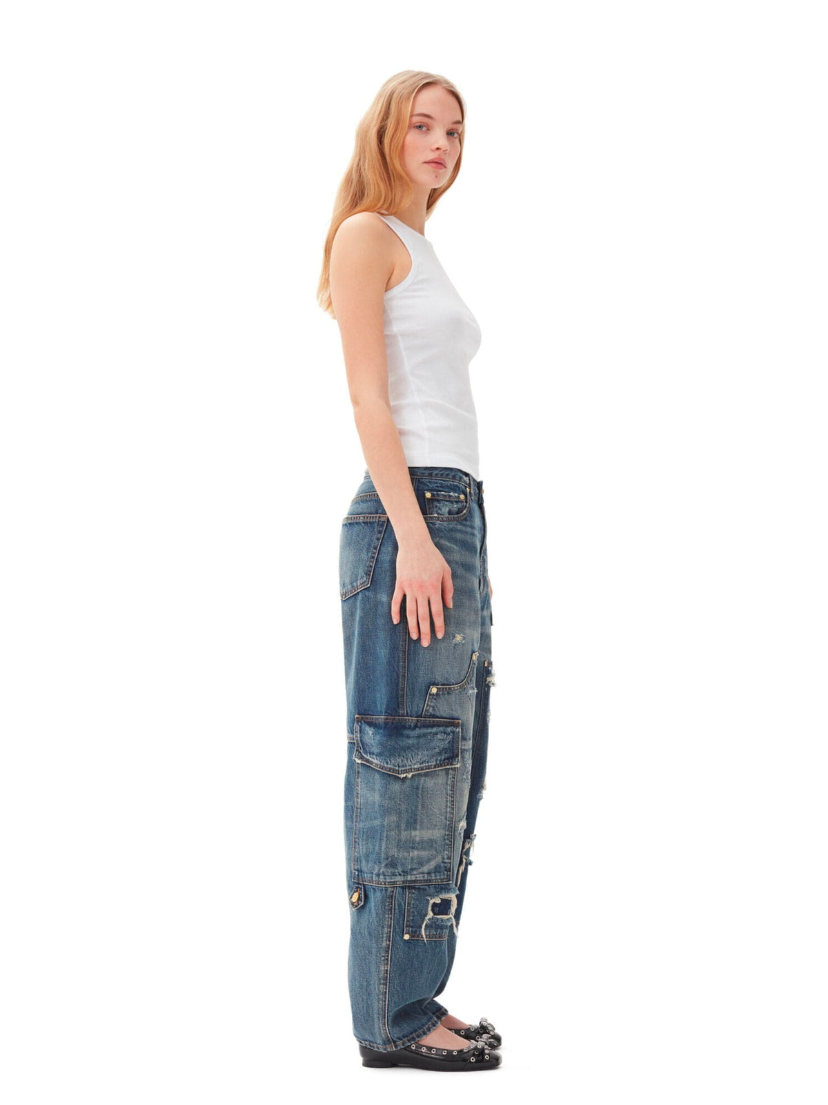 Heavy Washed Denim Carpenter Jeans / Mid Blue Vintage Womens GANNI 