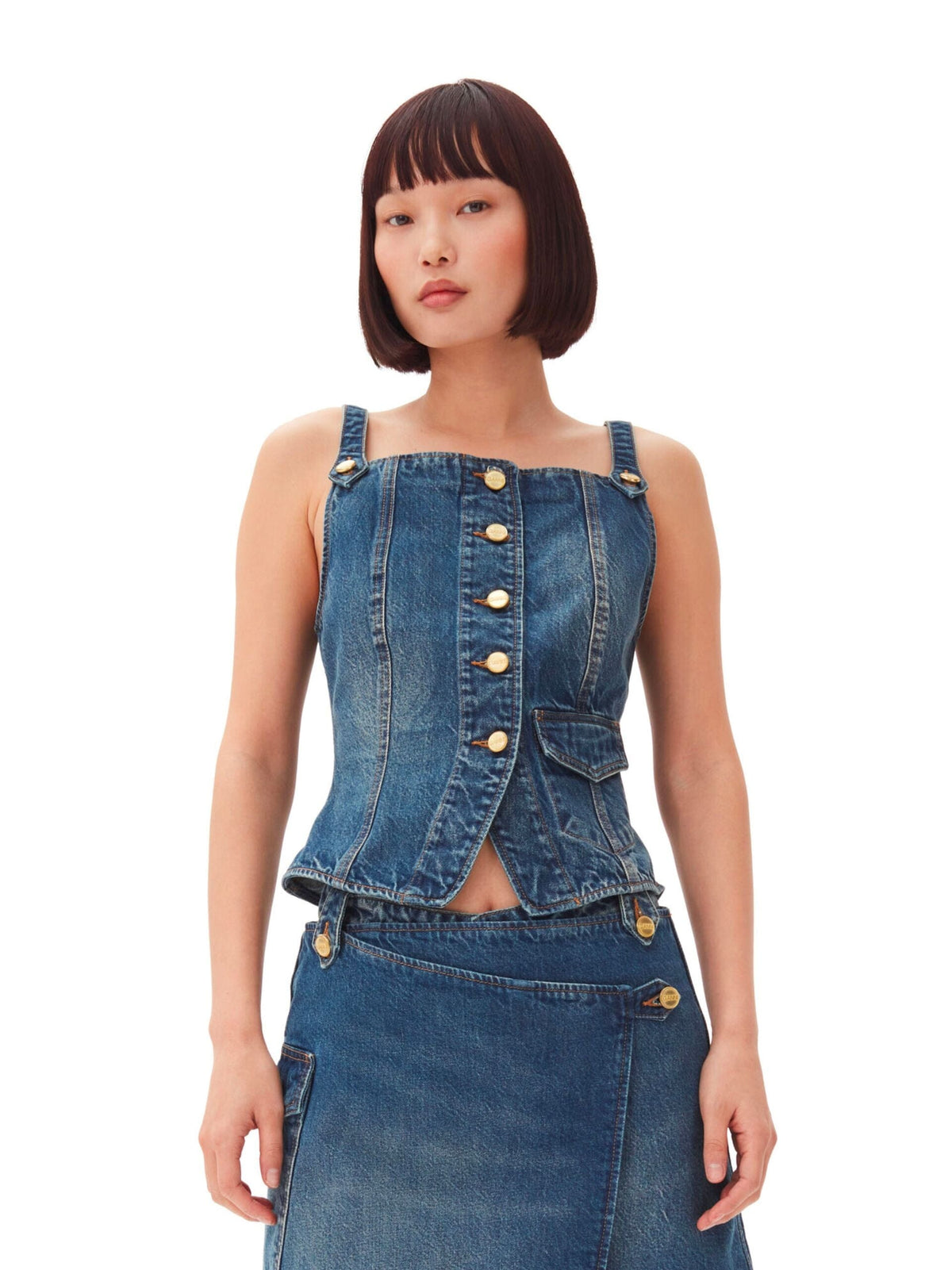 Heavy Washed Denim Top / Mid Blue Vintage Womens GANNI 