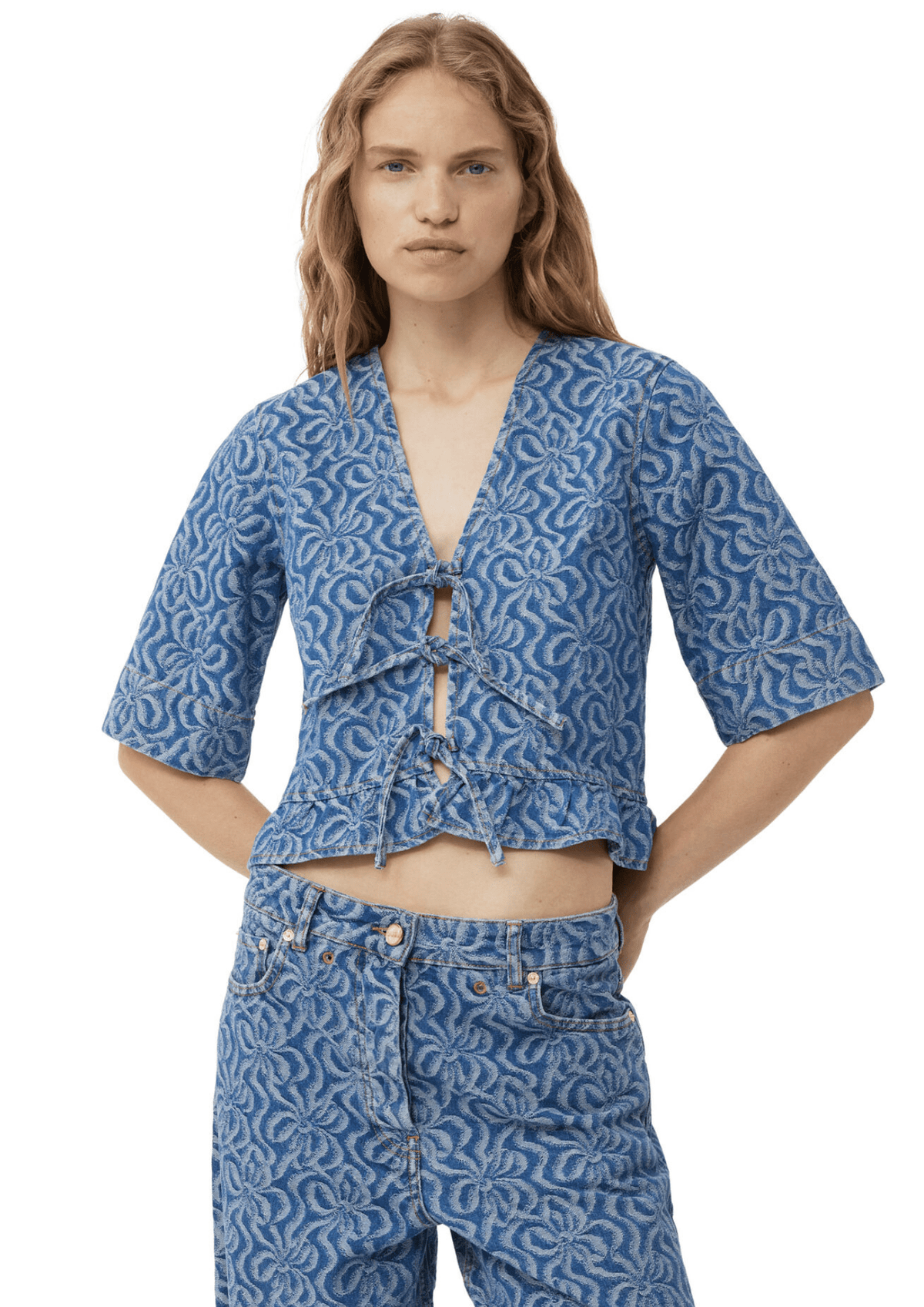 Jacquard Denim Flounce Tie Blouse / Mid Blue Stone Womens GANNI 