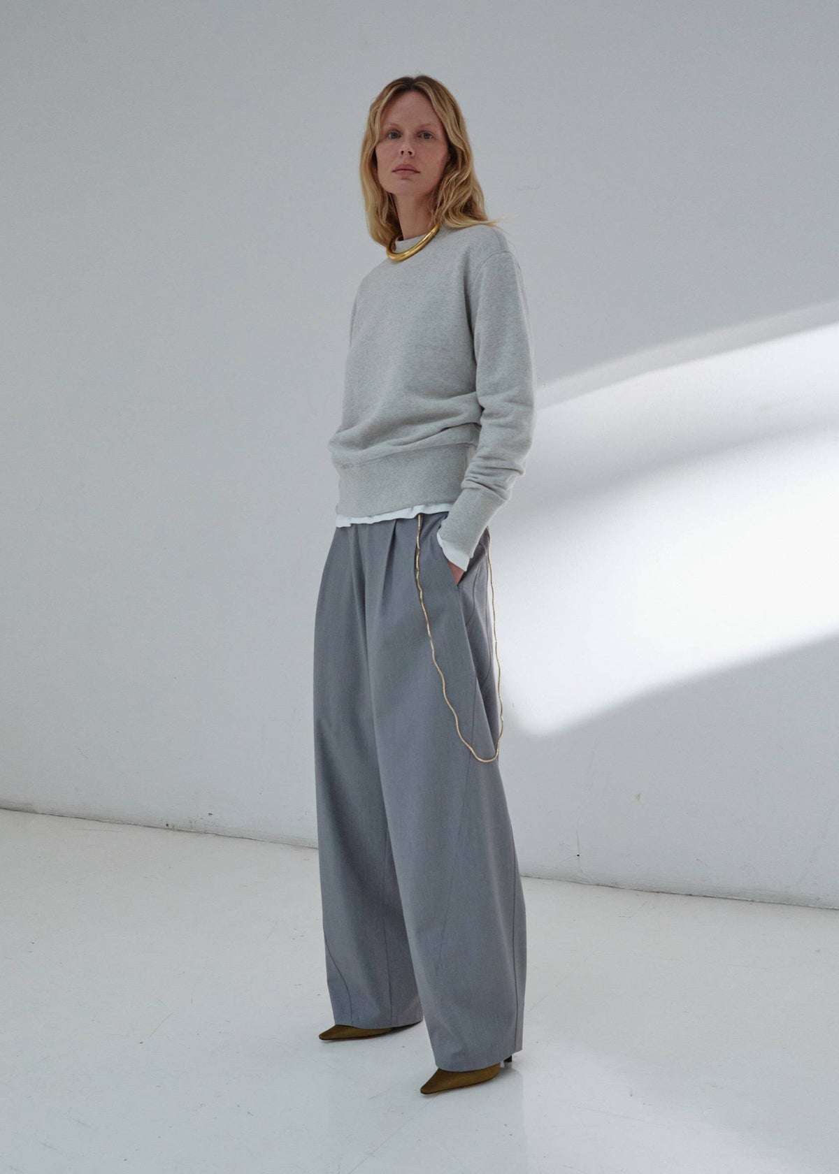 Phebe Chain Adorned Wide Leg Wool Pant / Light Grey Womens Darkpark 