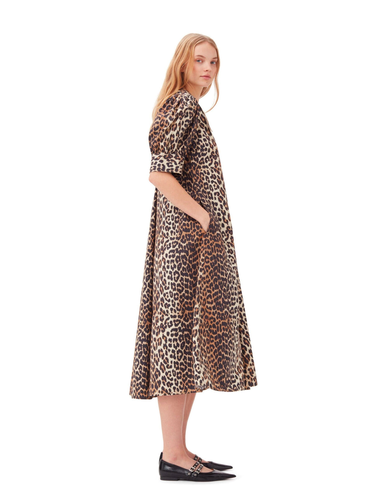 Printed Cotton Poplin V-neck Long Dress / Leopard Womens GANNI 