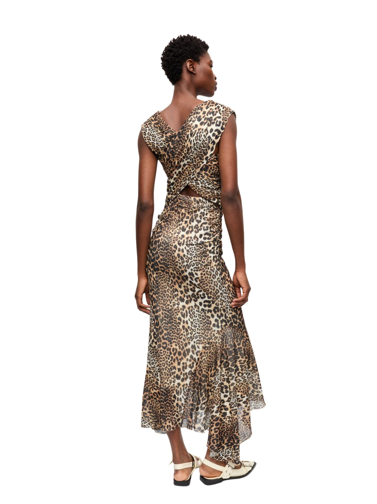 Printed Marl Mesh Long Ruched Crossover Dress / Leopard Womens GANNI 