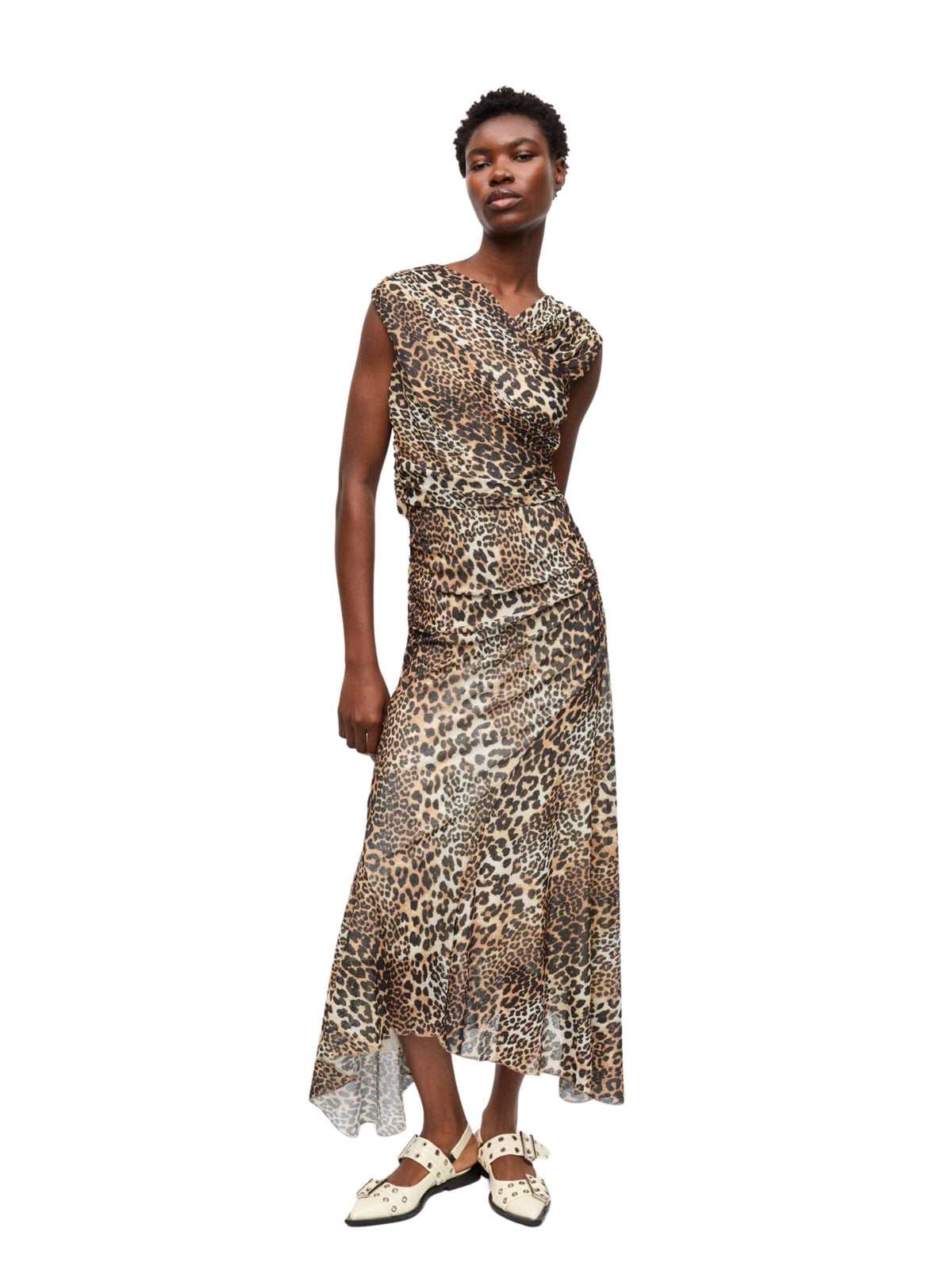 Printed Marl Mesh Long Ruched Crossover Dress / Leopard Womens GANNI 