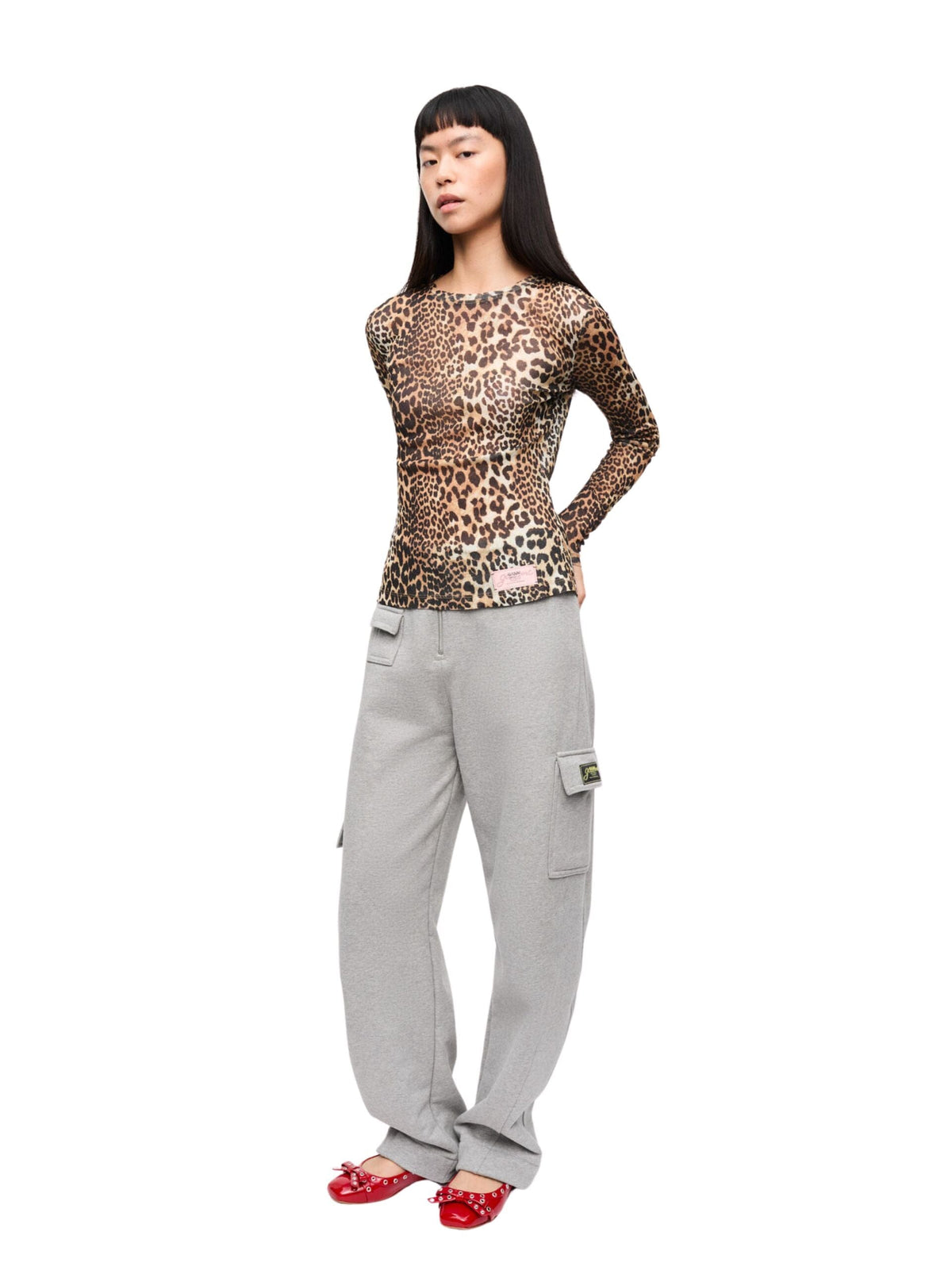 Printed Marl Mesh Long Sleeve Top / Leopard Womens GANNI 