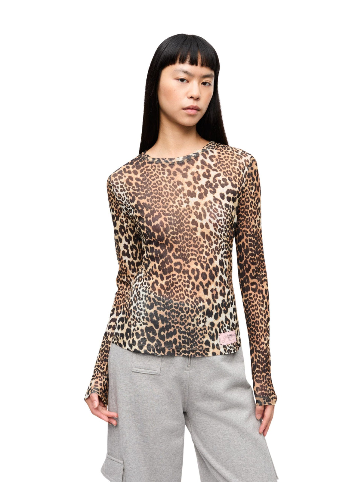 Printed Marl Mesh Long Sleeve Top / Leopard Womens GANNI 