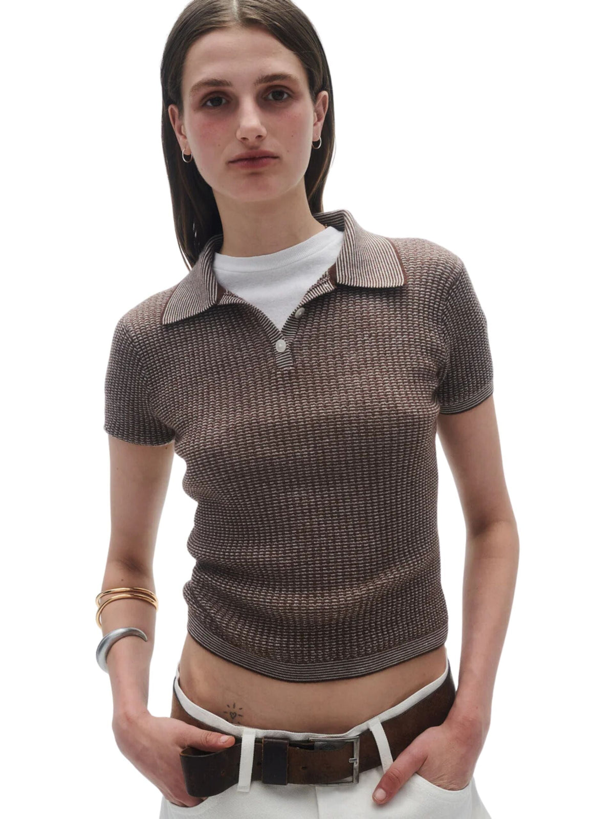 Shrunken Polo In Cashmere / Chestnut &amp; Cream Womens Guest In Residence 