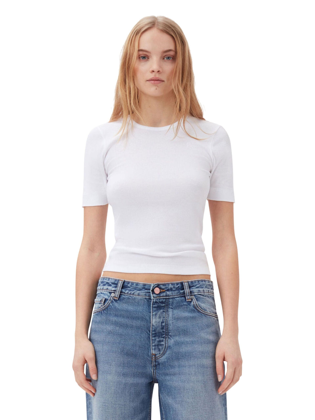 Soft Cotton Rib Short Sleeve T-Shirt / Bright White Womens GANNI 