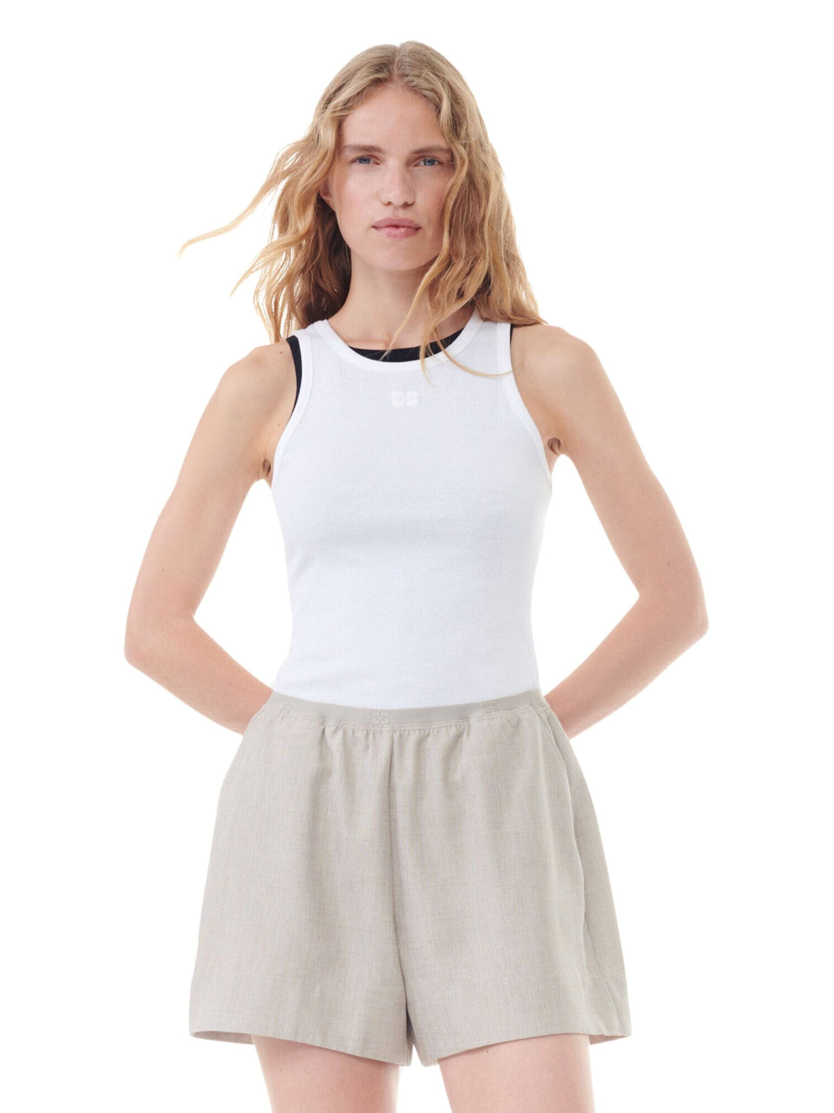 Soft Cotton Rib Tank Top / Bright White Womens GANNI 