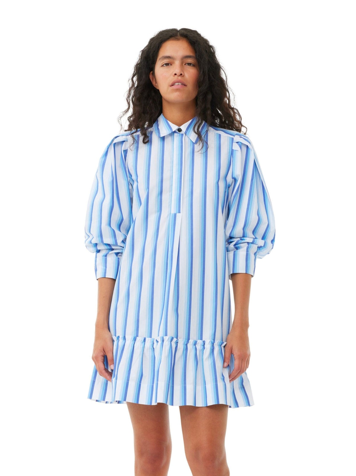 Stripe Cotton Mini Shirt Dress / Silver Lake Blue Womens GANNI 