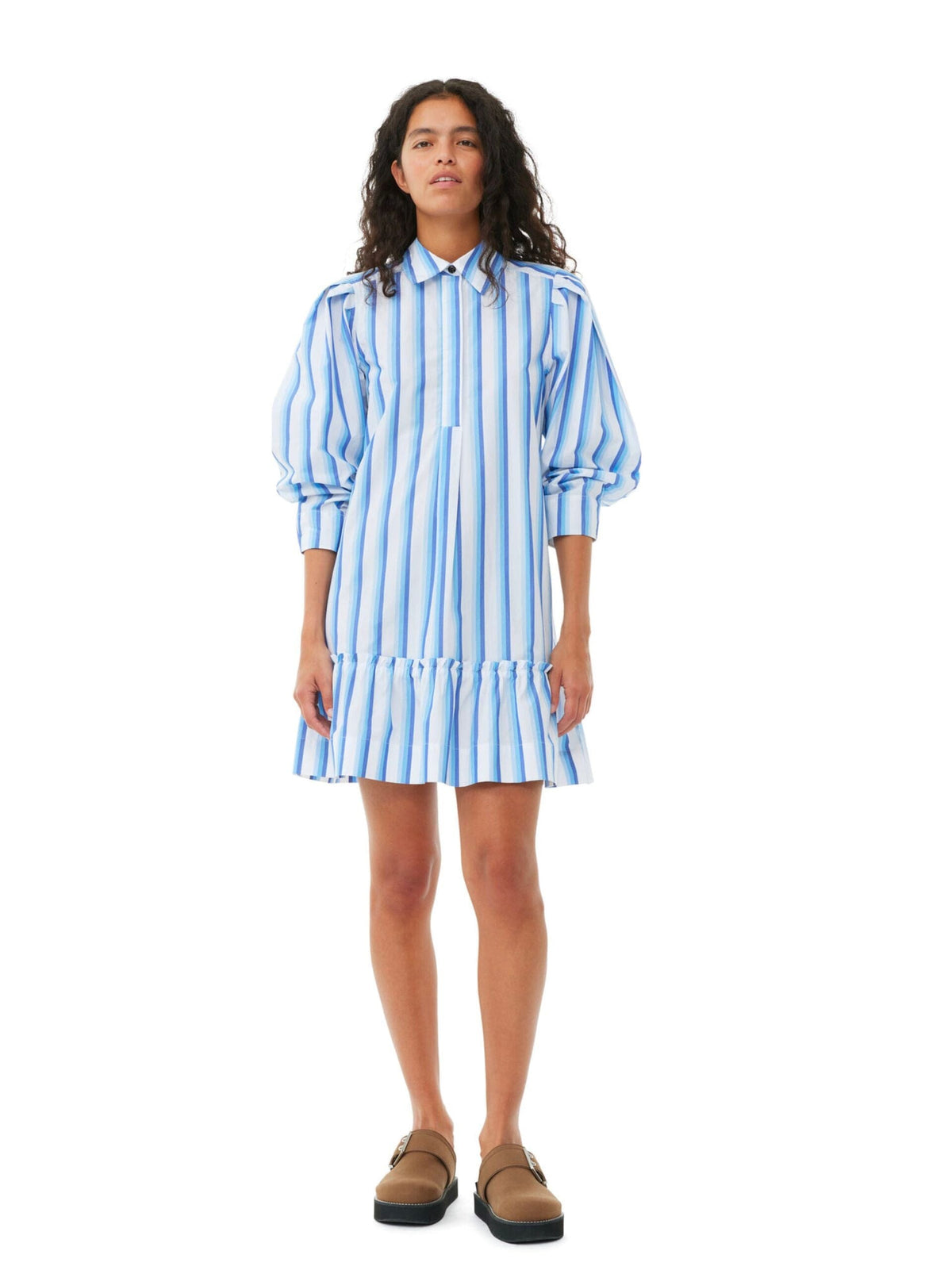 Stripe Cotton Mini Shirt Dress / Silver Lake Blue Womens GANNI 