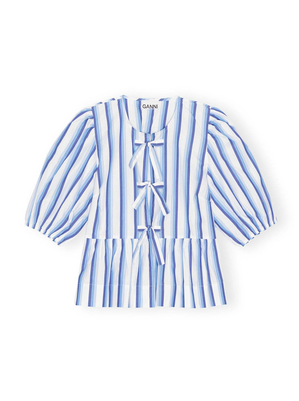 Stripe Cotton Peplum Puff Sleeve Blouse / Silver Lake Blue Womens GANNI 
