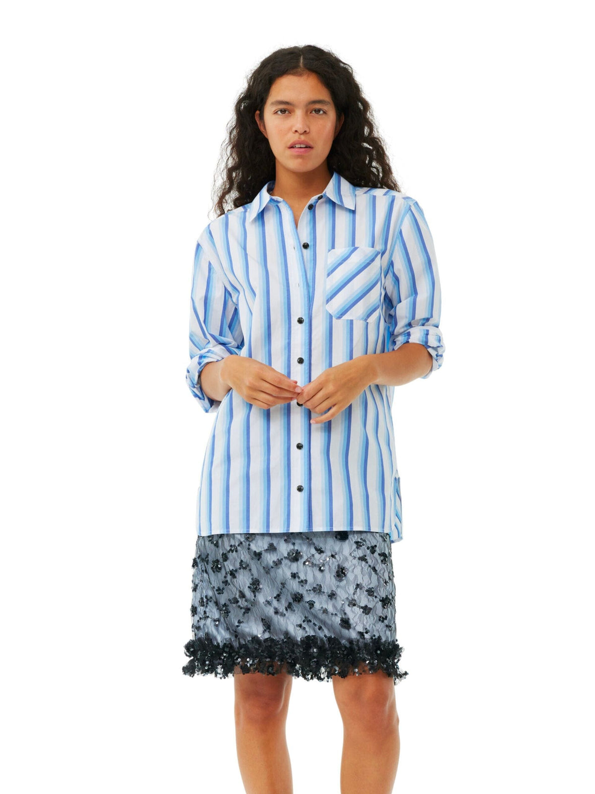 Stripe Cotton Shirt / Silver Lake Blue Womens GANNI 