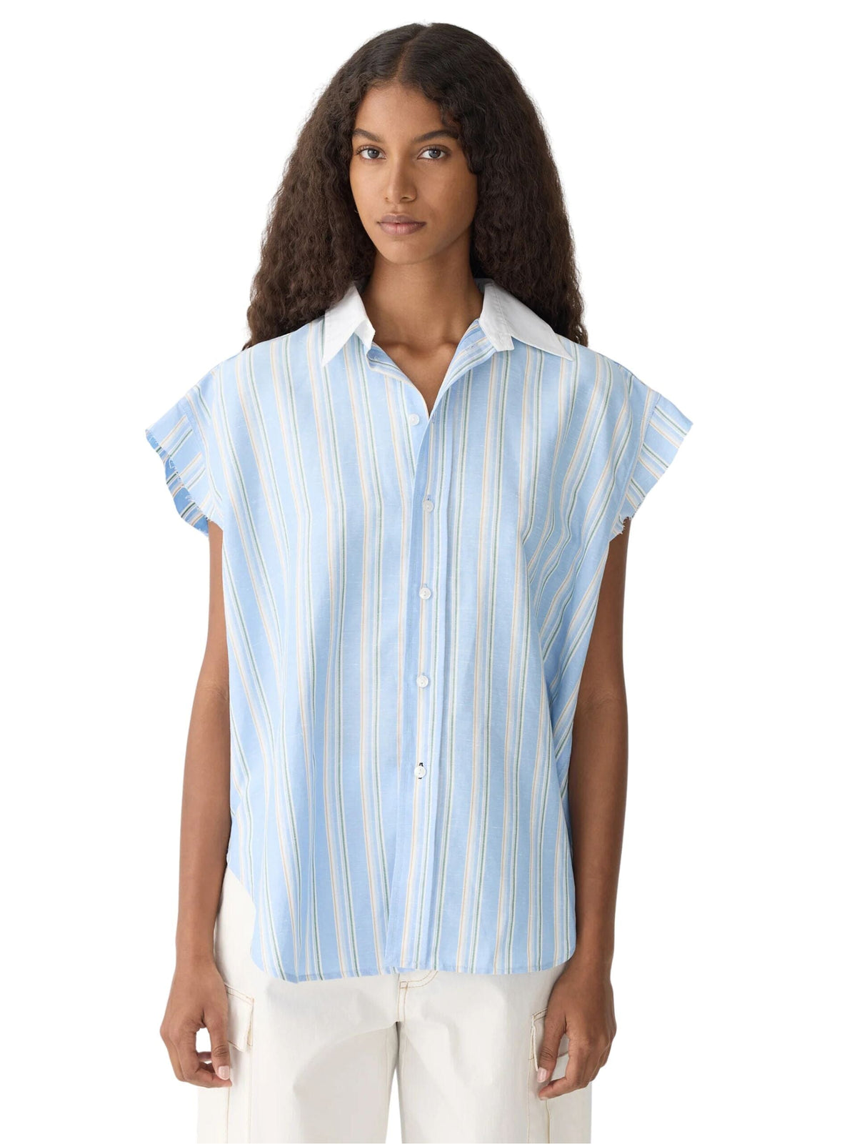 Stripe Scoop Hem Shirt / Blue Green &amp; Tan Stripe Womens Bassike 