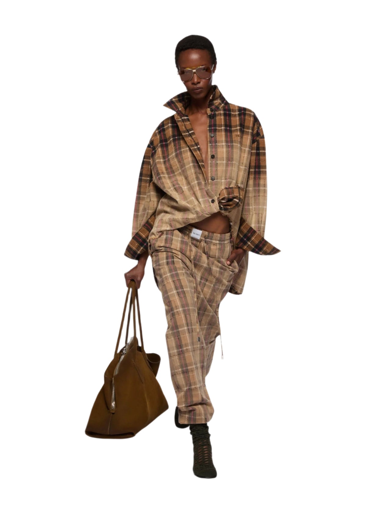 The Attico // Brushed Check Flannel Shirt / Beige &amp; Black Womens The Attico 