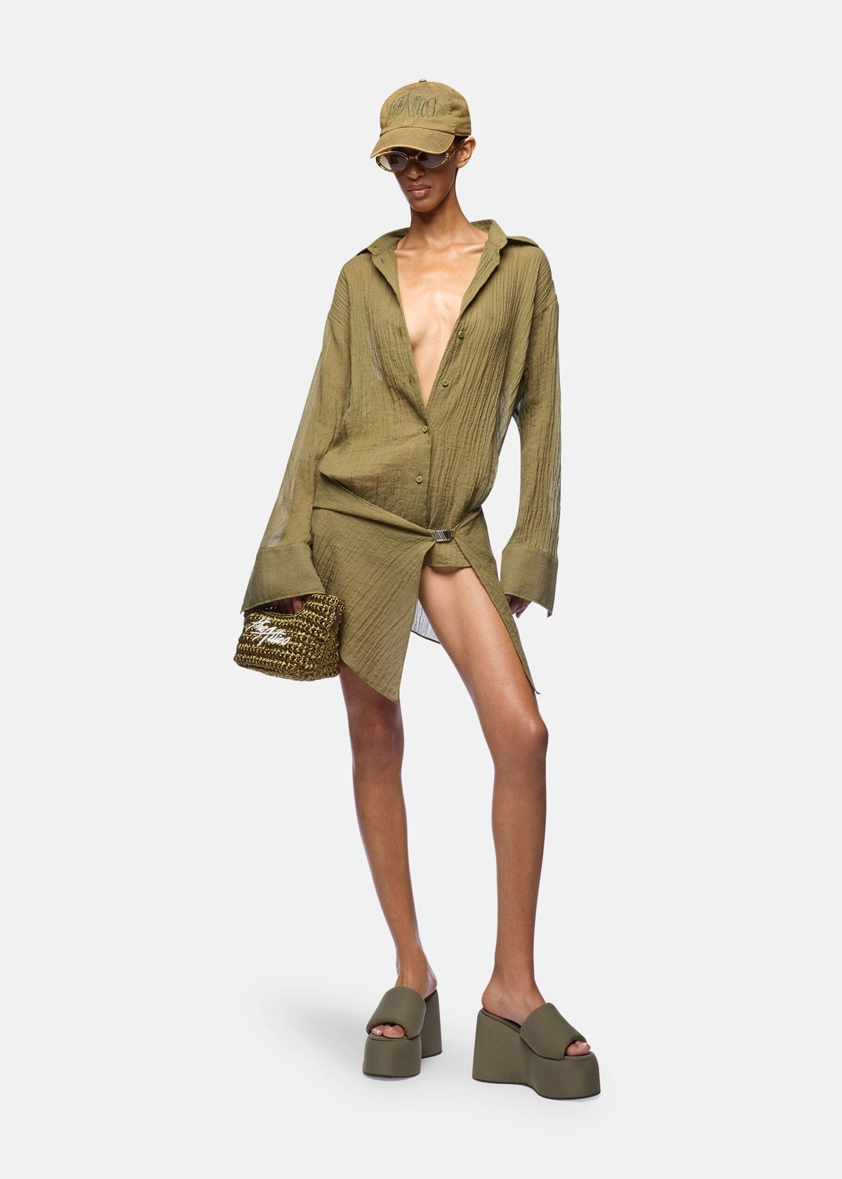 The Attico // Mini Dress Cotton Crumbled Gauze / Military Green Womens The Attico 