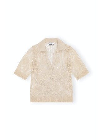 Thin Cotton Lace Short Sleeve Polo / Egret Womens GANNI 