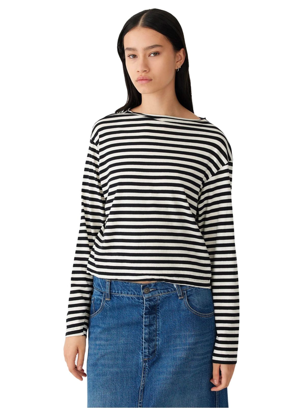 Undyed Black Stripe Boxy Long Sleeve T-Shirt Womens Bassike 