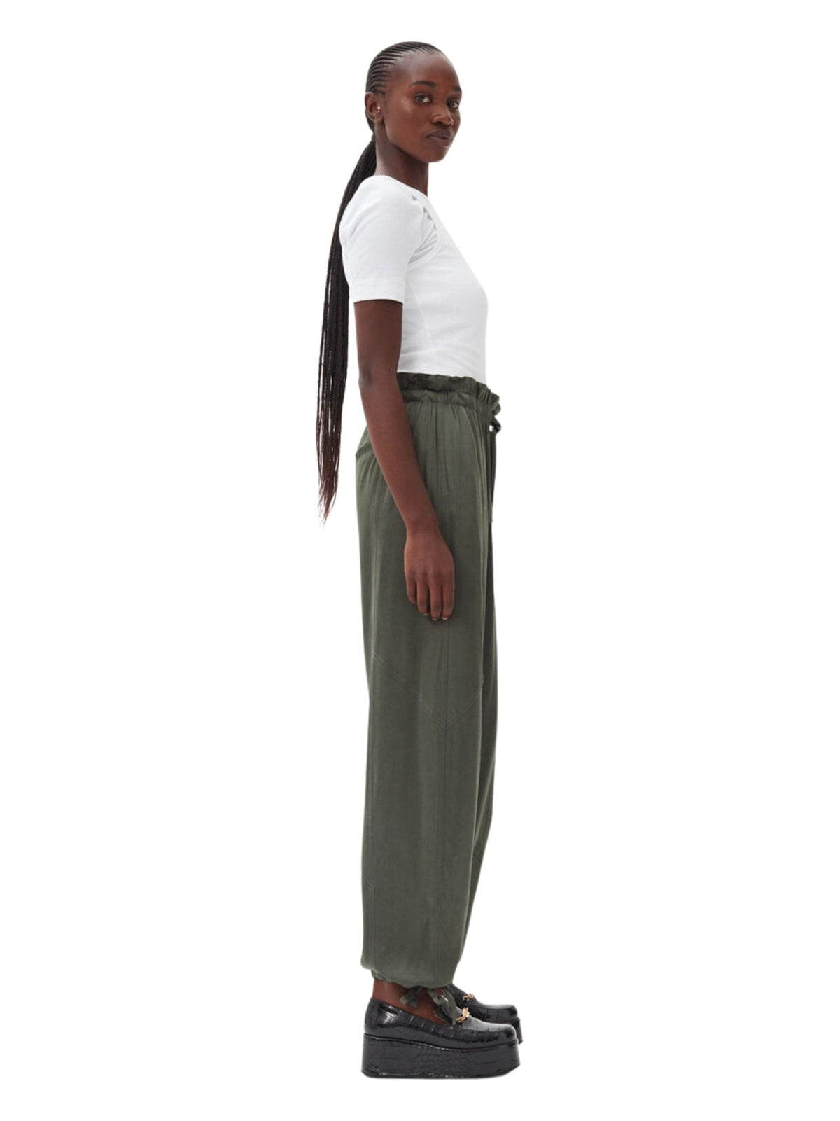 Washed Satin Elasticated Waist Pants / Climbing Ivy Womens GANNI 