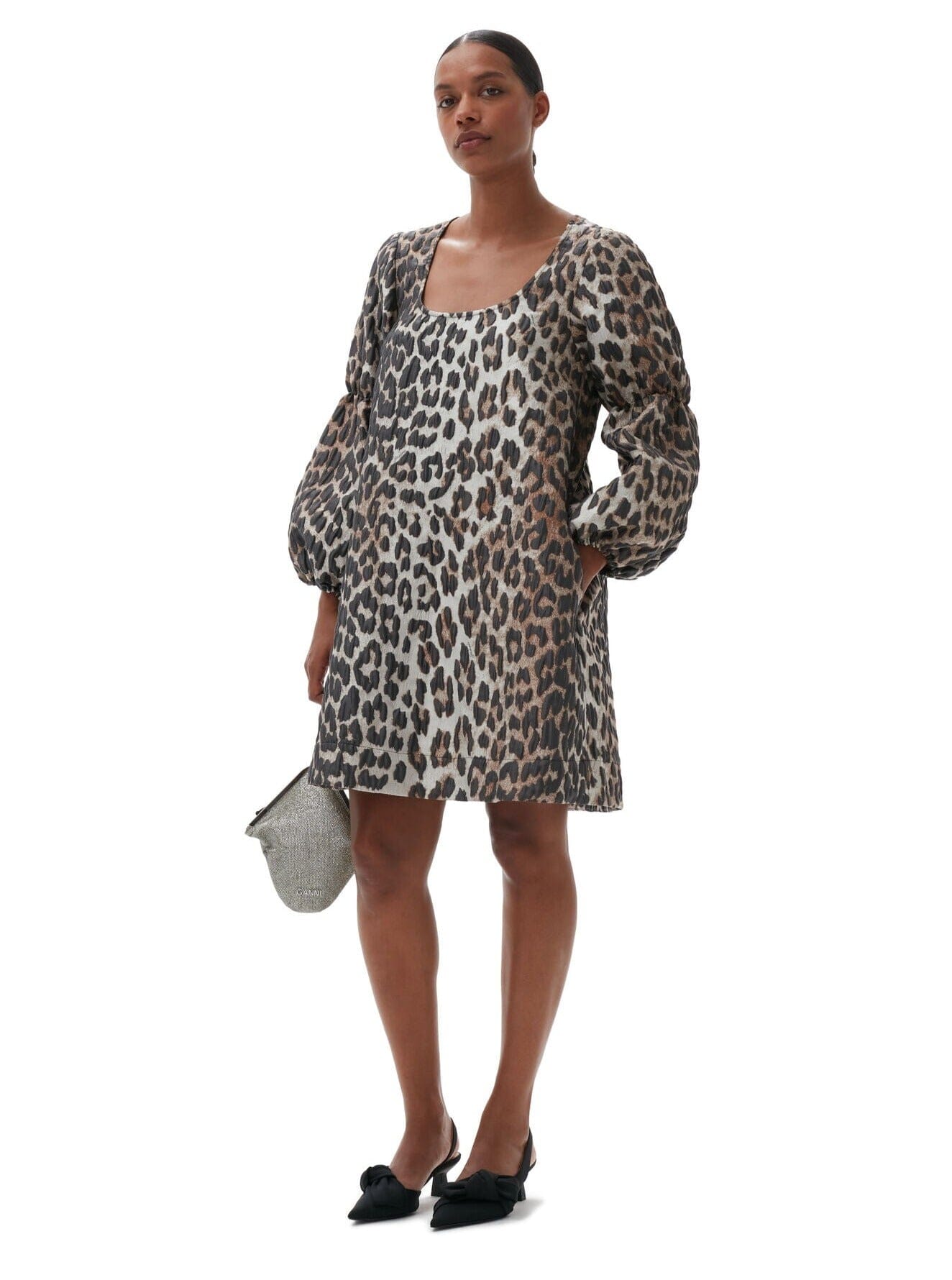 3D Jacquard Puff Sleeve Mini Dress / Leopard Womens GANNI 