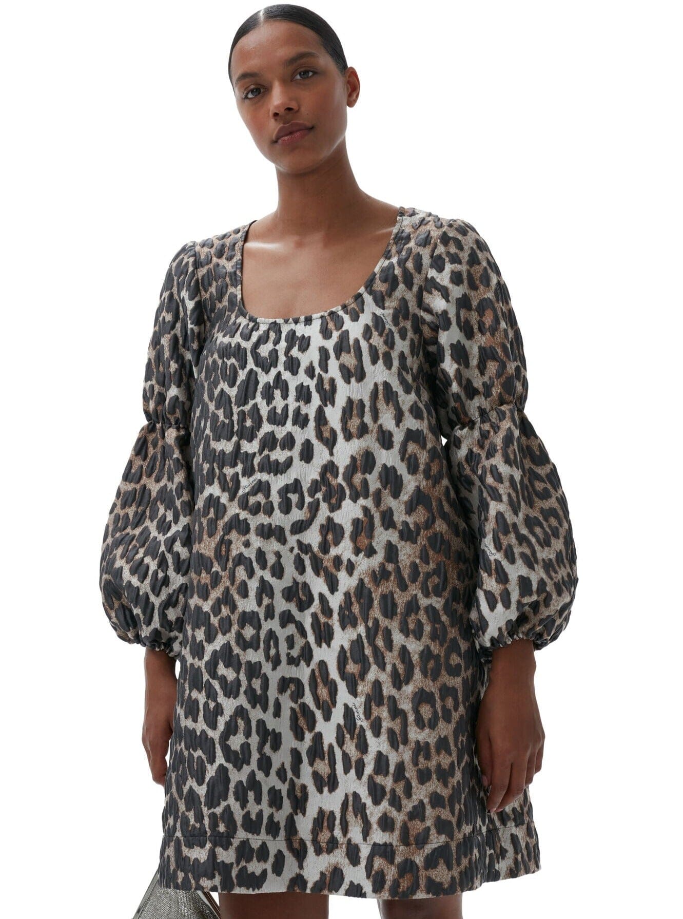 3D Jacquard Puff Sleeve Mini Dress / Leopard Womens GANNI 