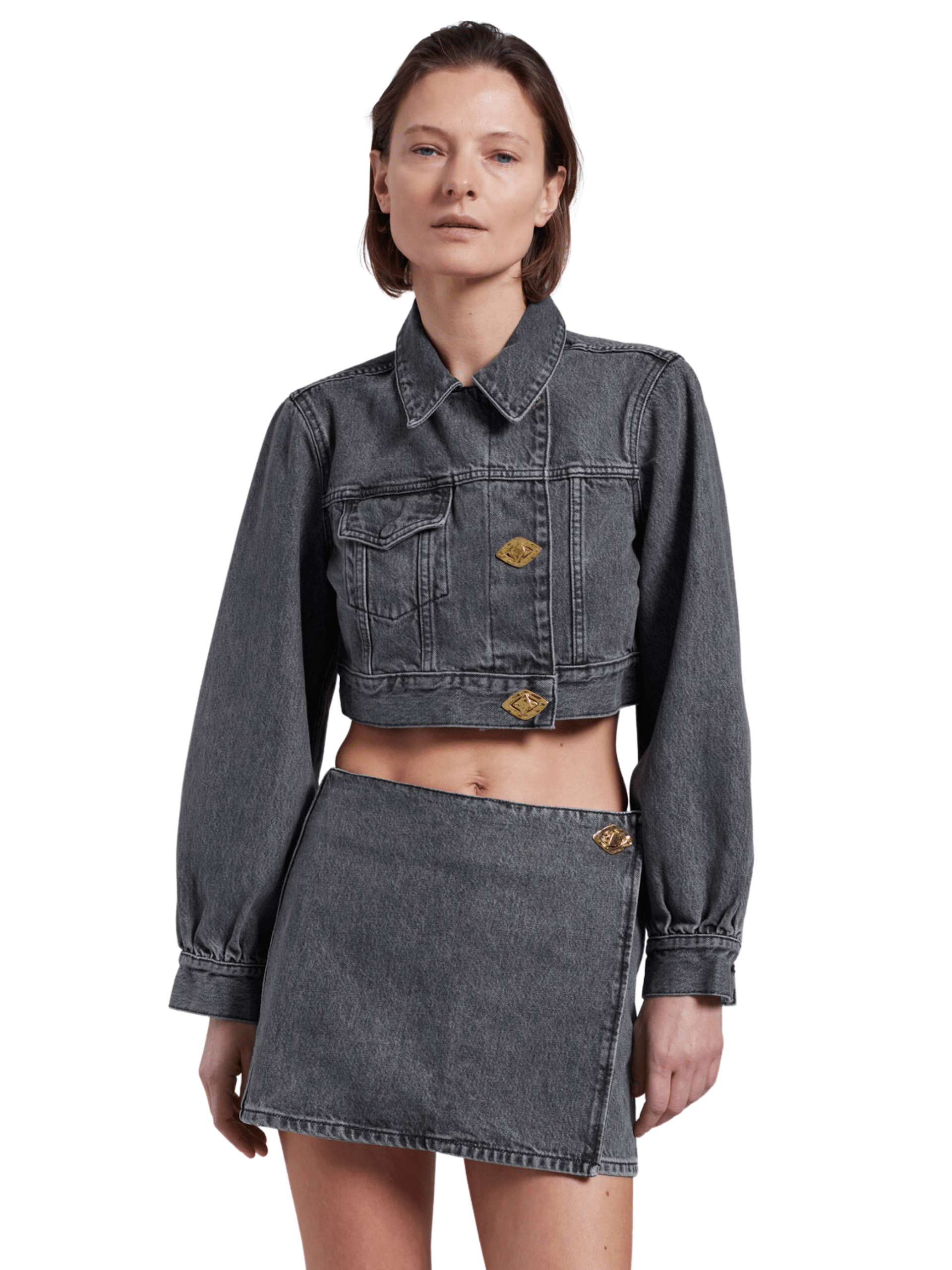 Black Washed Denim Cropped Trucker Jacket / Sharkskin Womens GANNI 