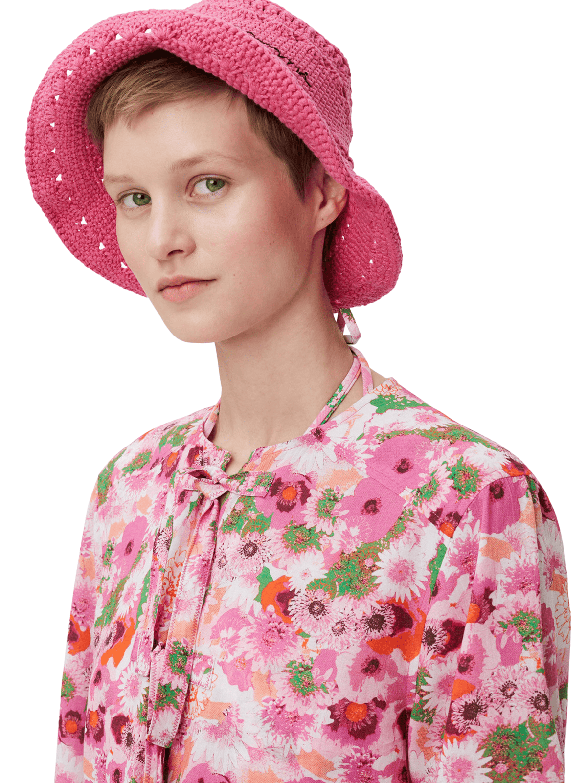 Cotton Crochet Bucket Hat / Shocking Pink Womens GANNI 