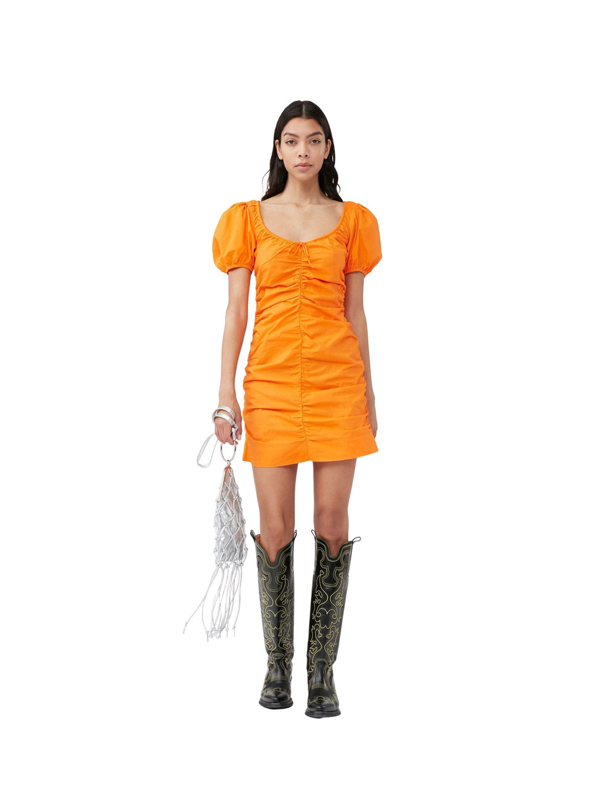 Cotton Poplin Gathered U-neck Mini Dress / Vibrant Orange Womens GANNI 