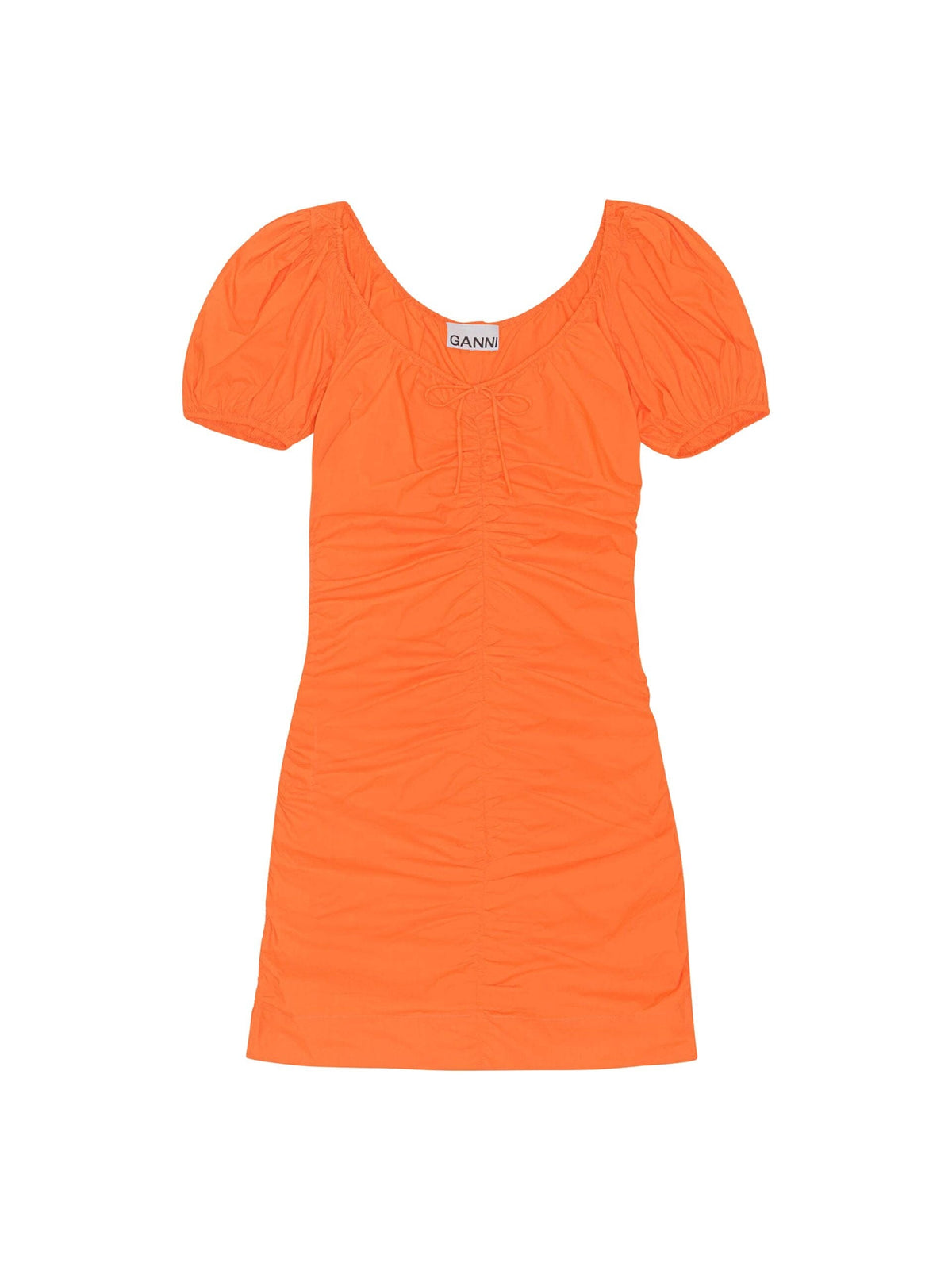 Cotton Poplin Gathered U-neck Mini Dress / Vibrant Orange Womens GANNI 
