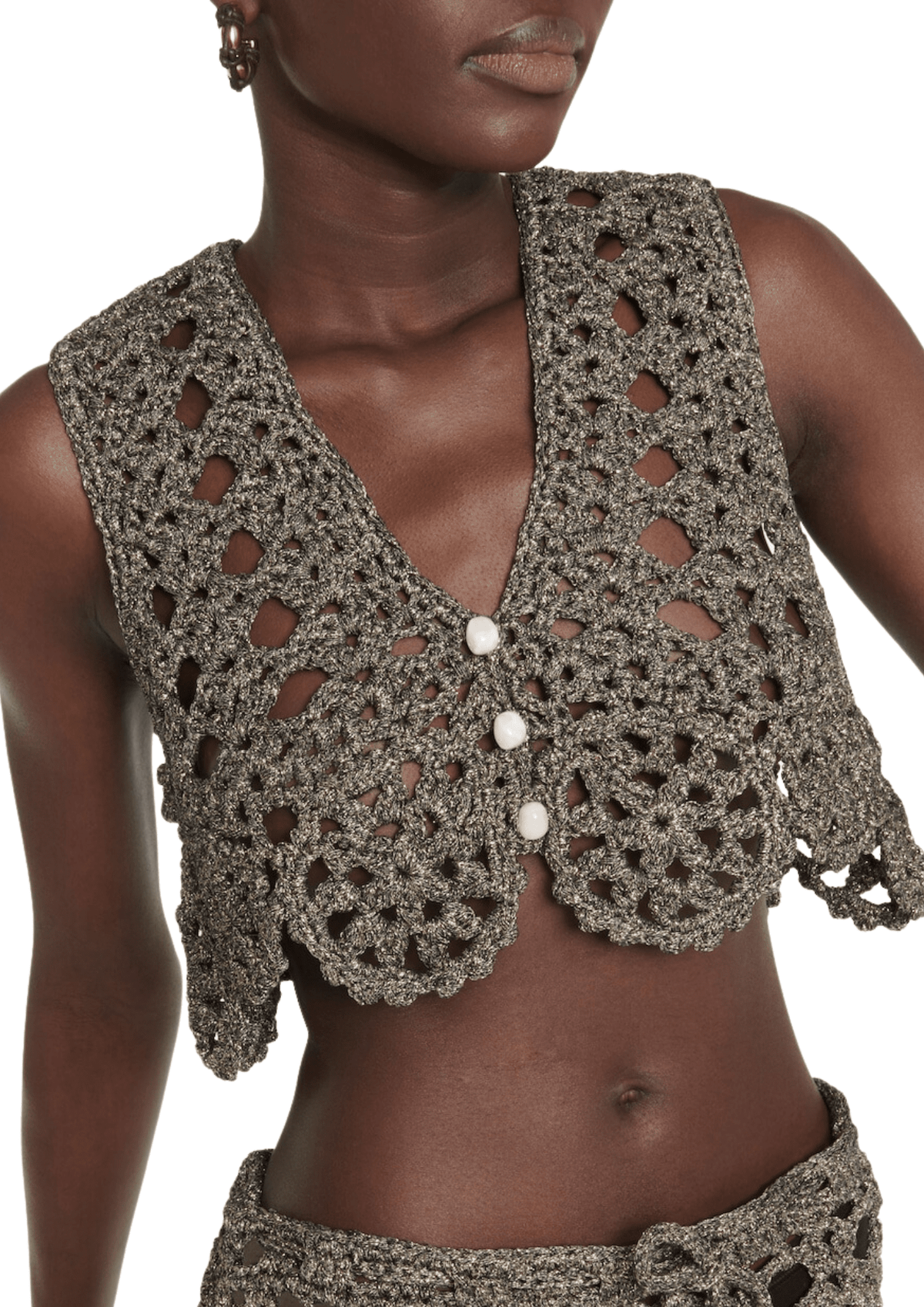 Crochet V-Neck Bead Top / Black &amp; Gold Womens GANNI 