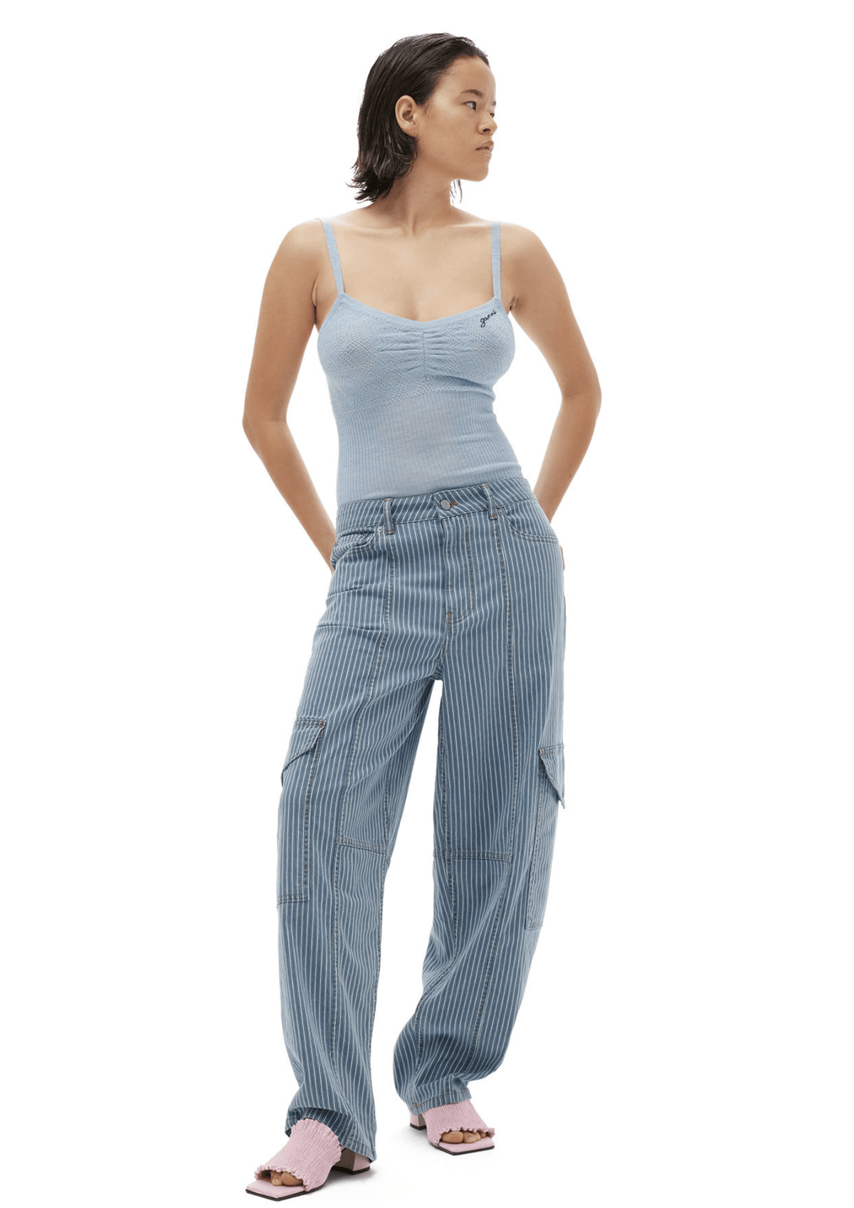 Light Stripe Denim Cargo Pants / Mid Blue Stone Womens GANNI 